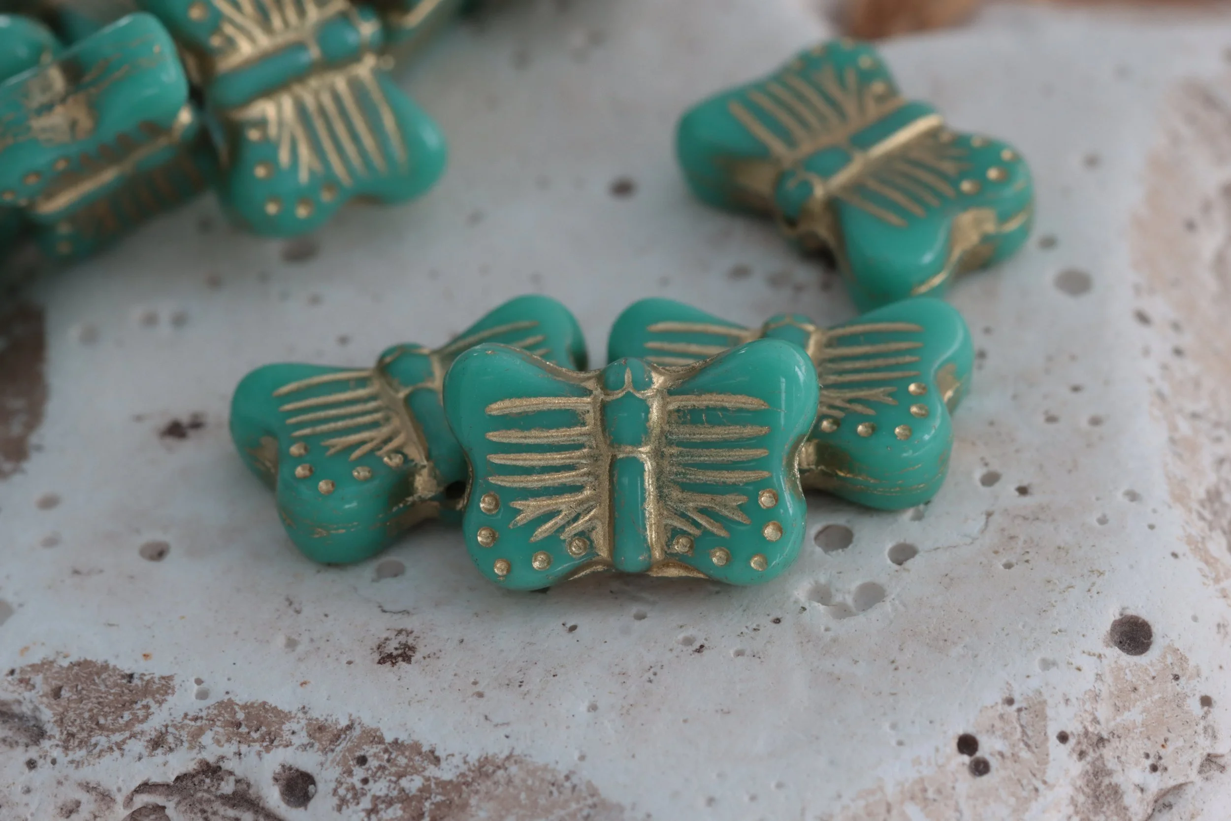 Green Turquoise Gold Czech Glass Butterfly Beads 16x11mm