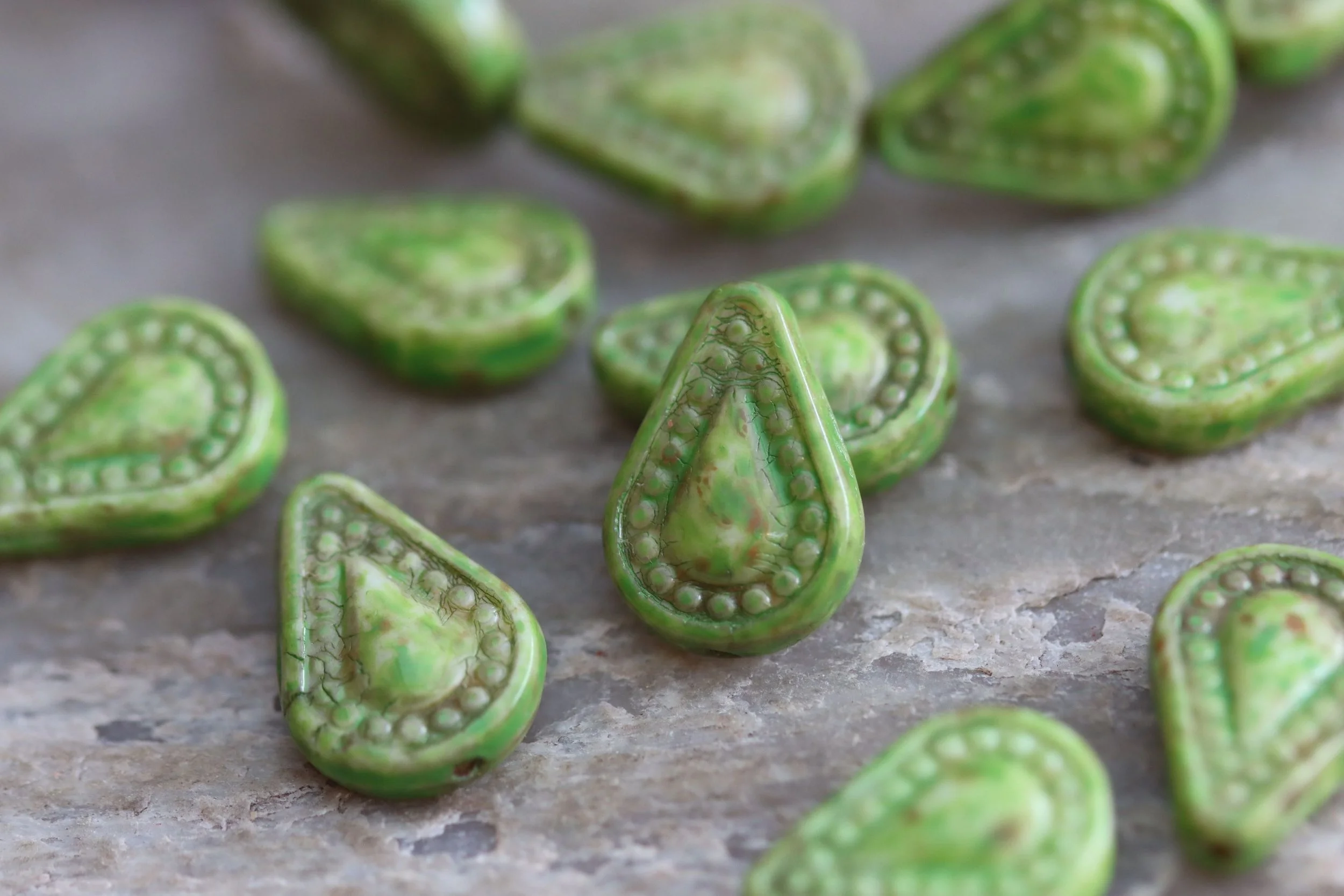 Leafy Green Marble Filigree Flat Drop Czech Glass Beads 14x10mm