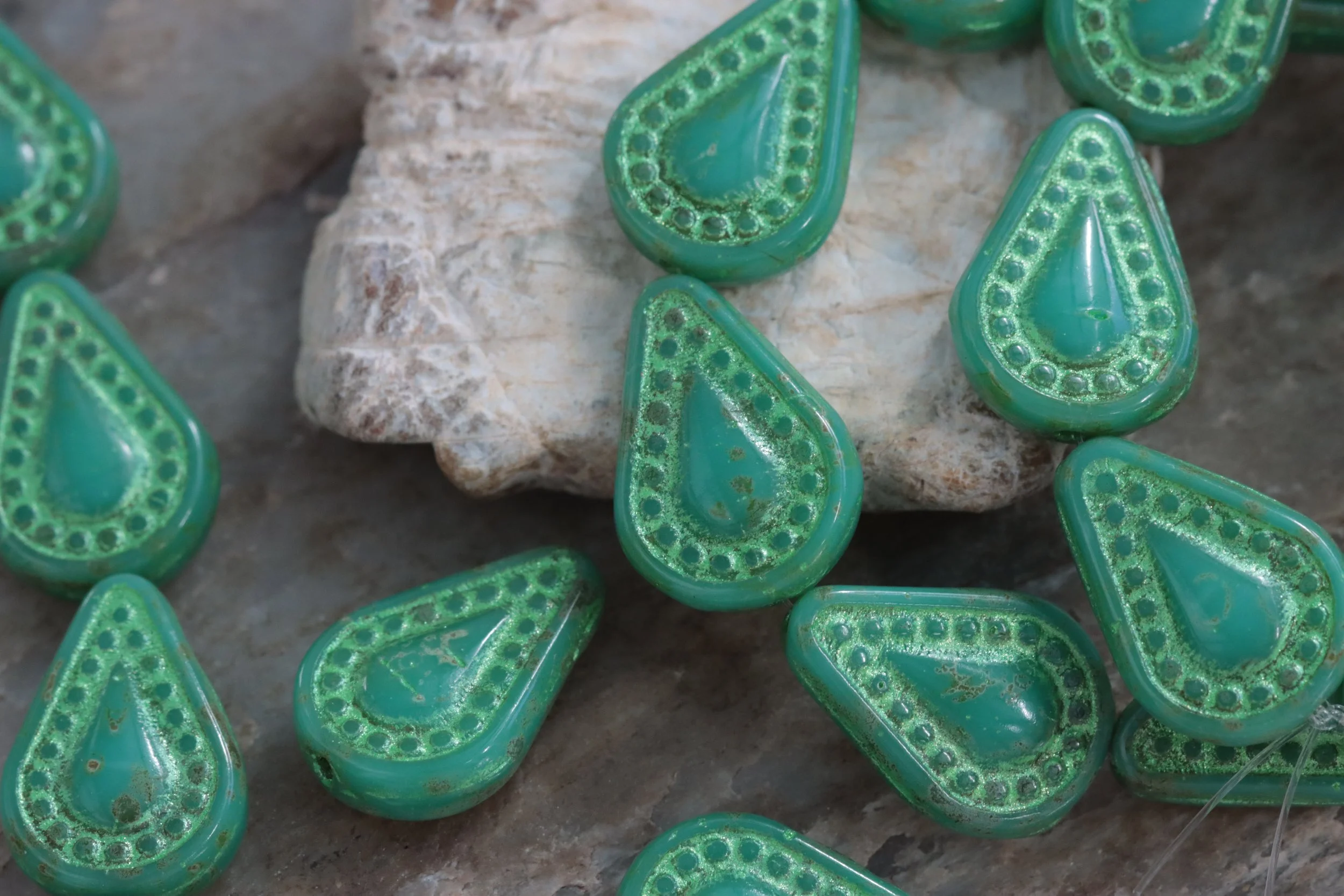 Green Turquoise with Metallic Green Czech Glass Filigree Flat Drop Beads 14x10mm