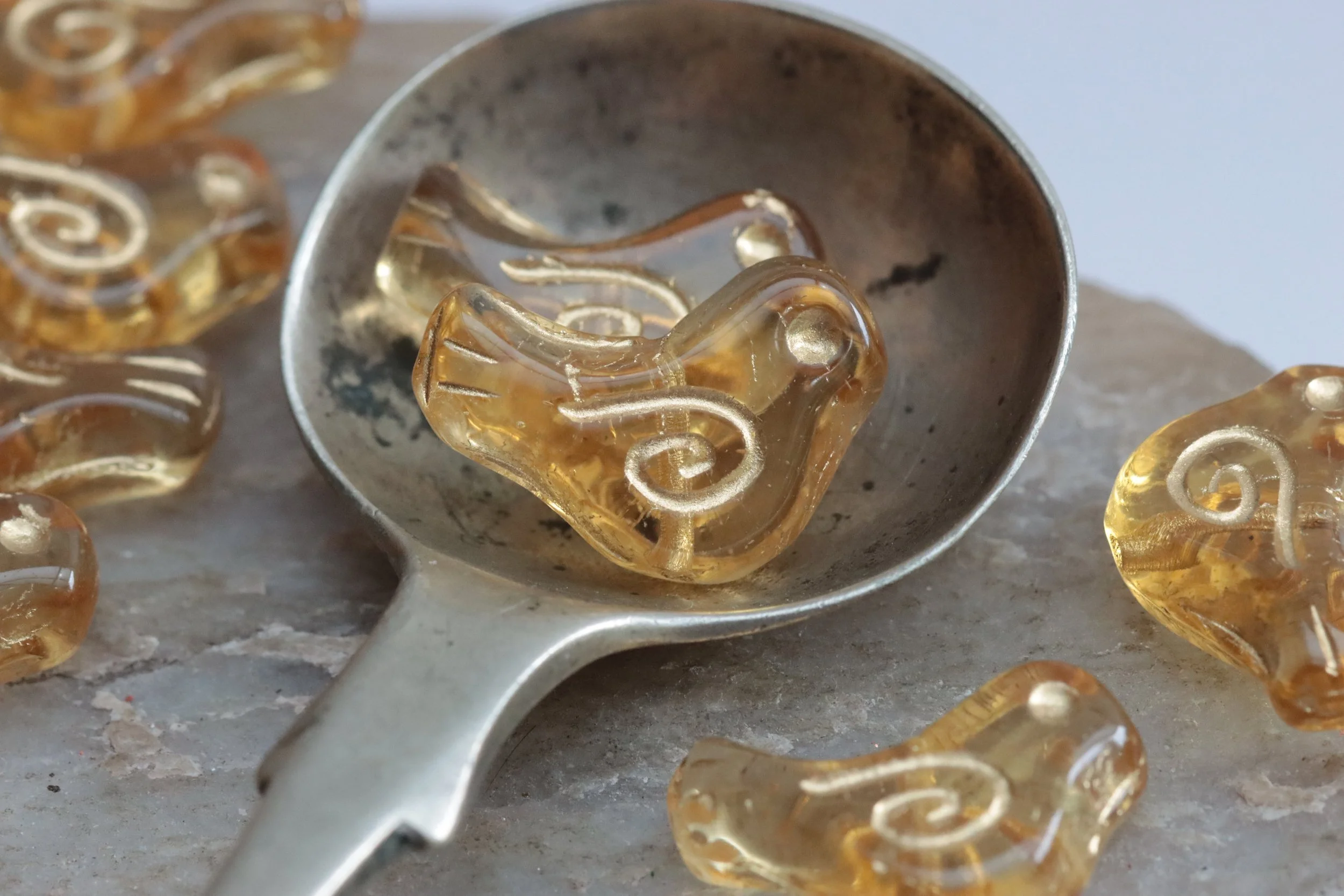 Yellow Topaz with Gold Czech Glass Bird Beads 16x12mm