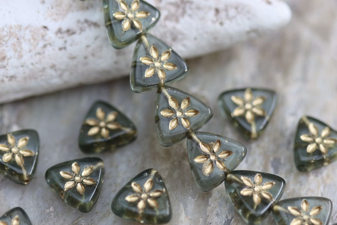 Olive Green with Gold Triangle Flower Czech Glass Beads 10mm