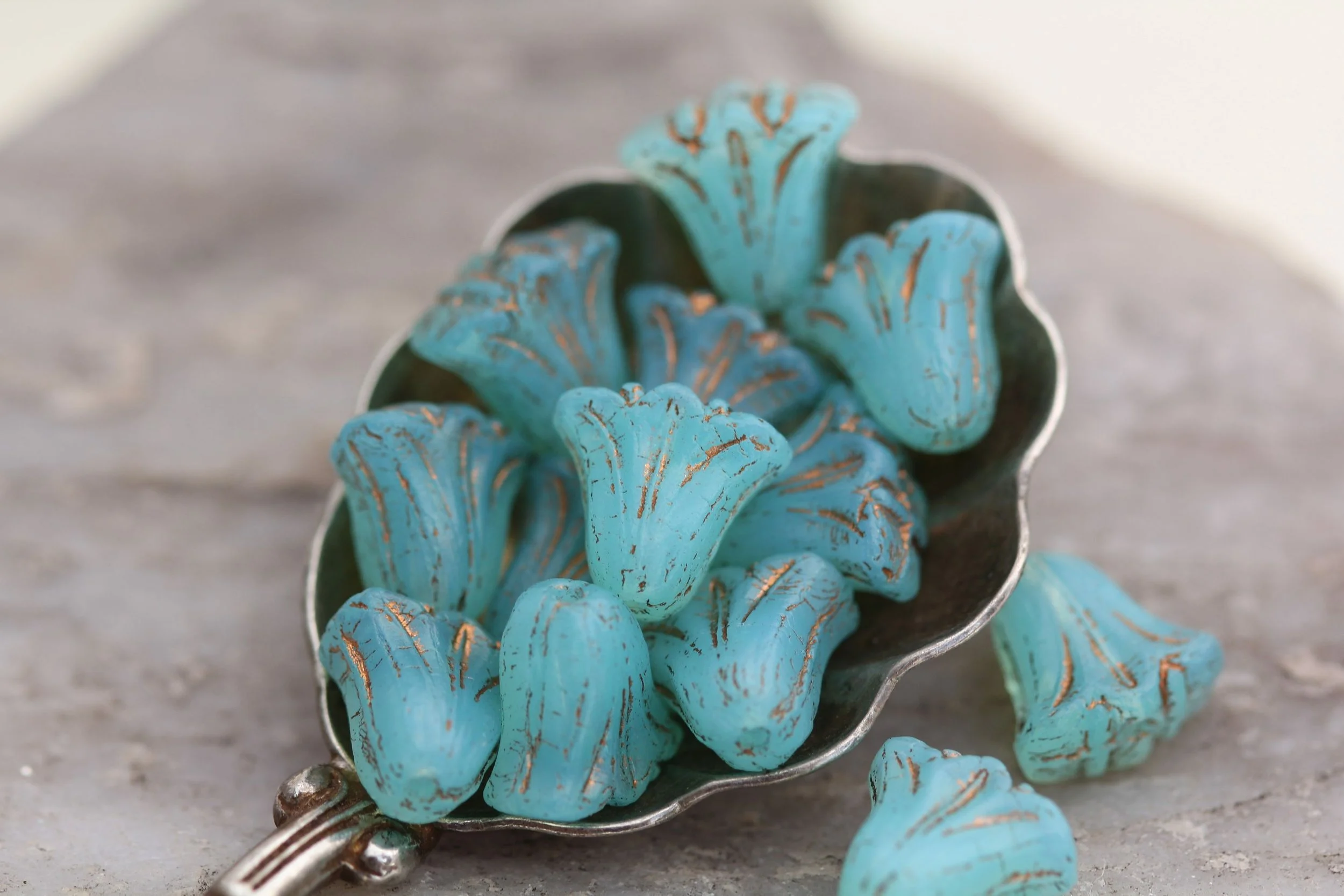 Translucent Aqua with Copper Czech Glass Lily Beads 9x10mm