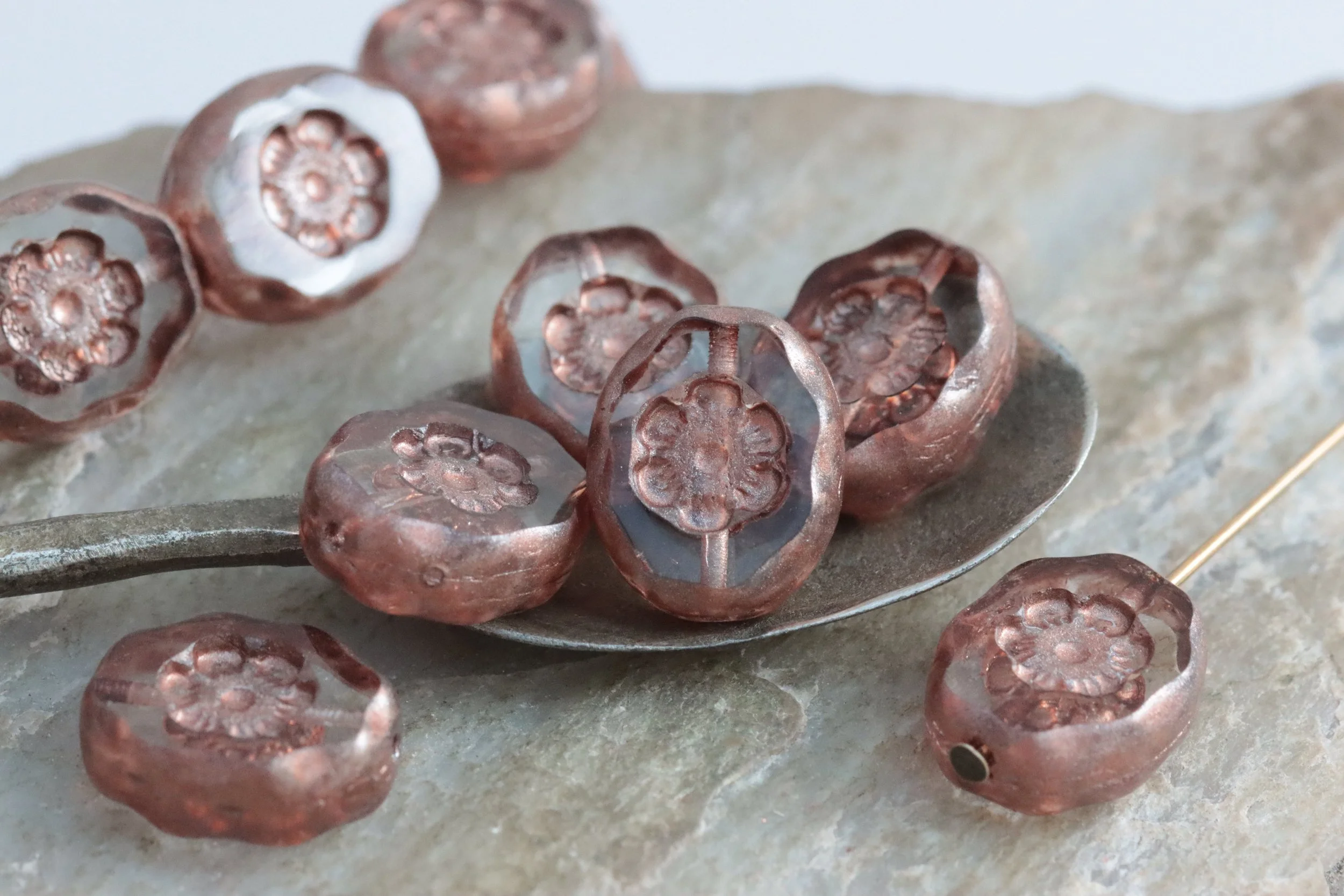 Transparent with Matte Antique Copper Czech Glass Oval Flower Beads 14x11mm