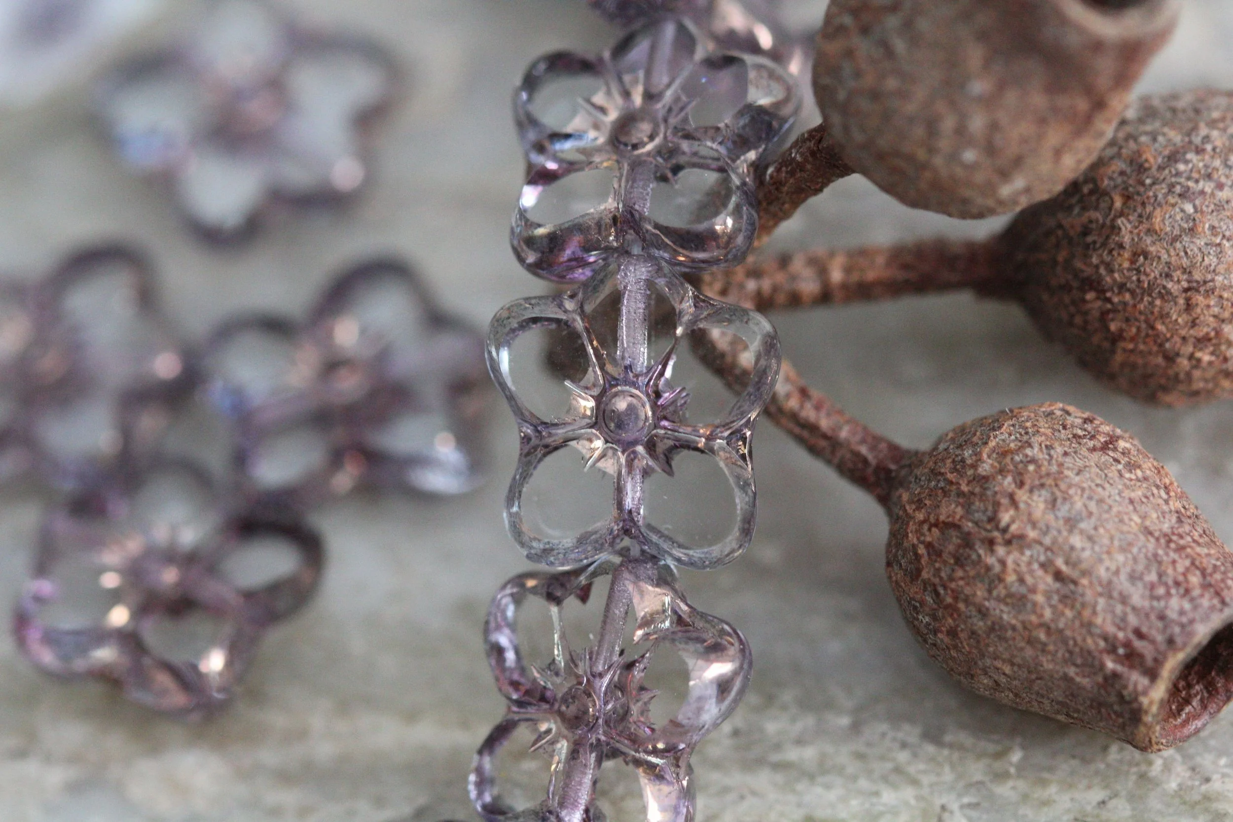 Transparent with Purple Bronze Wash 5 Petal Flower Czech Glass Beads 14x12mm