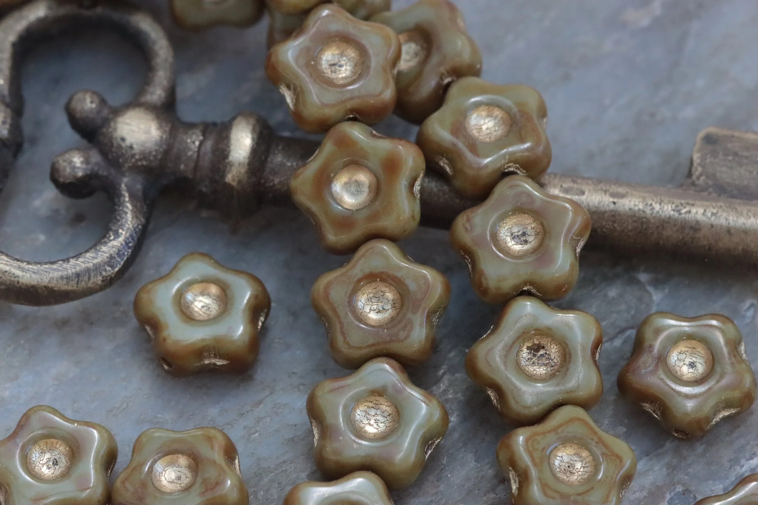 Earthy Olive Czech Glass Star Flower Beads 11mm
