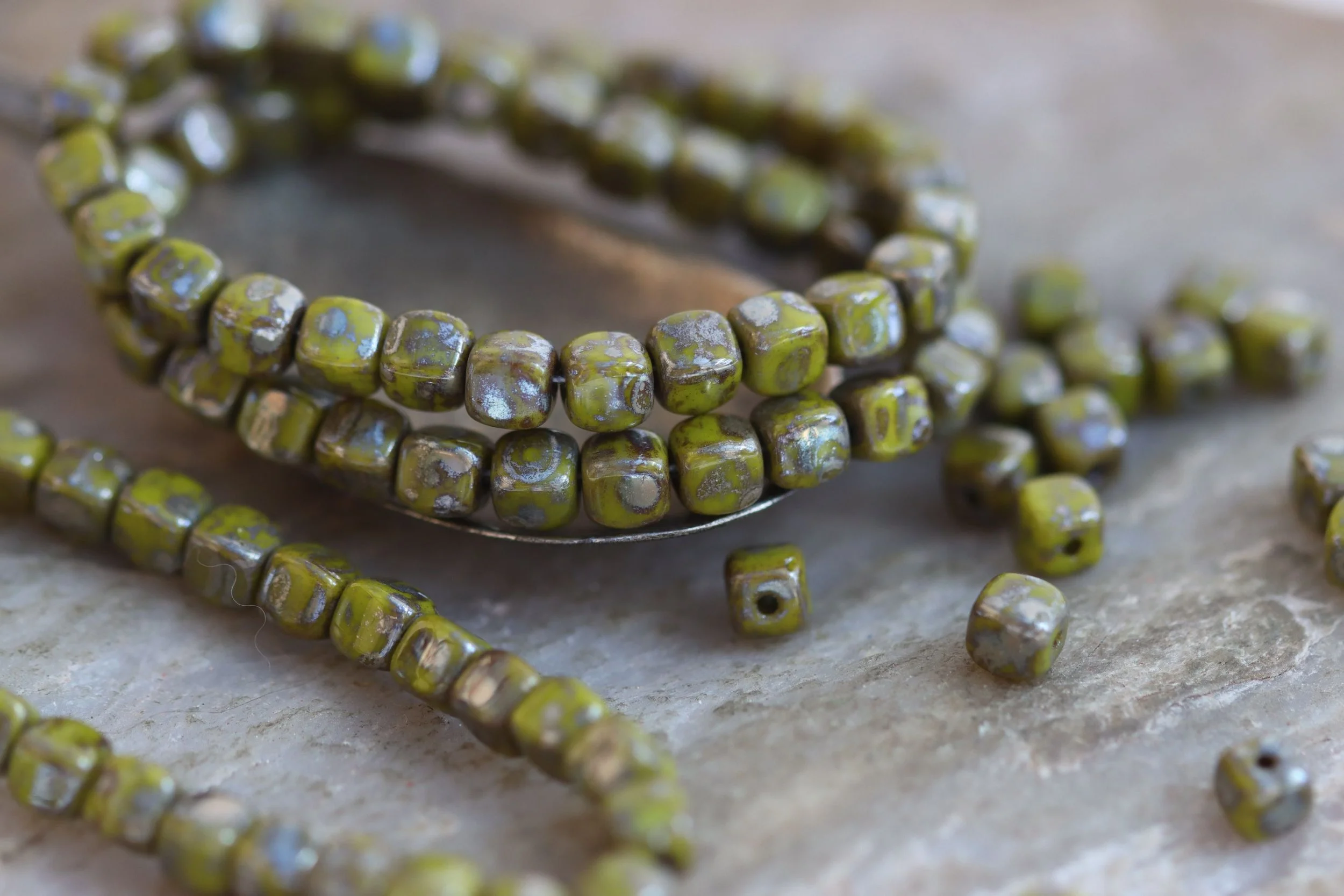 Leaf Green Picasso Cube Czech Glass Beads 3.7mm
