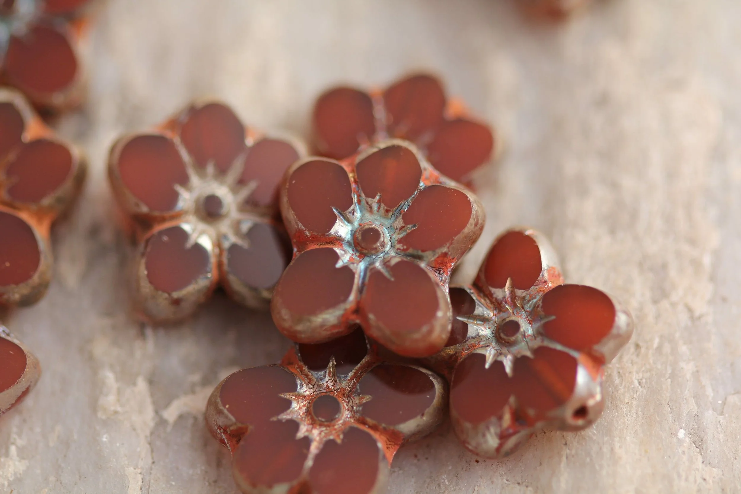 Burnt Umber 5 Petal Flower Czech Glass Beads 14x12mm