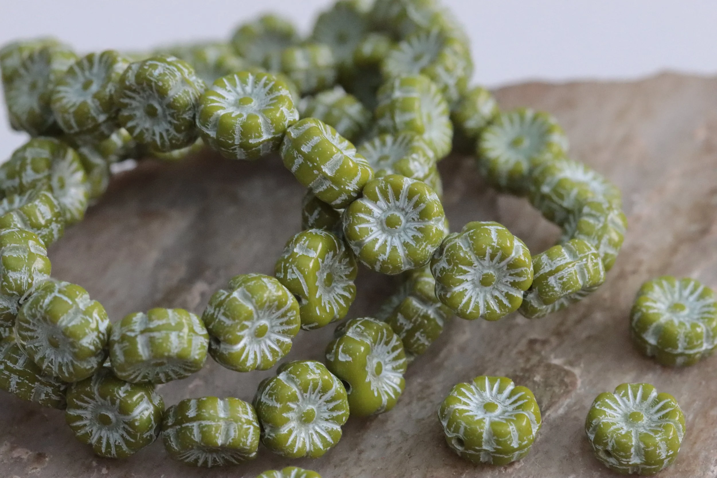 Opaque Olivine with White Czech Glass Hawaiian Flower Beads 9mm