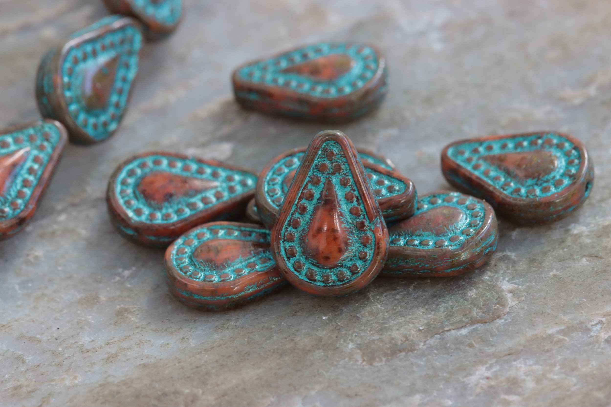 Copper Brown with Metallic Green Czech Glass Filigree Flat Drop Beads 14x10mm