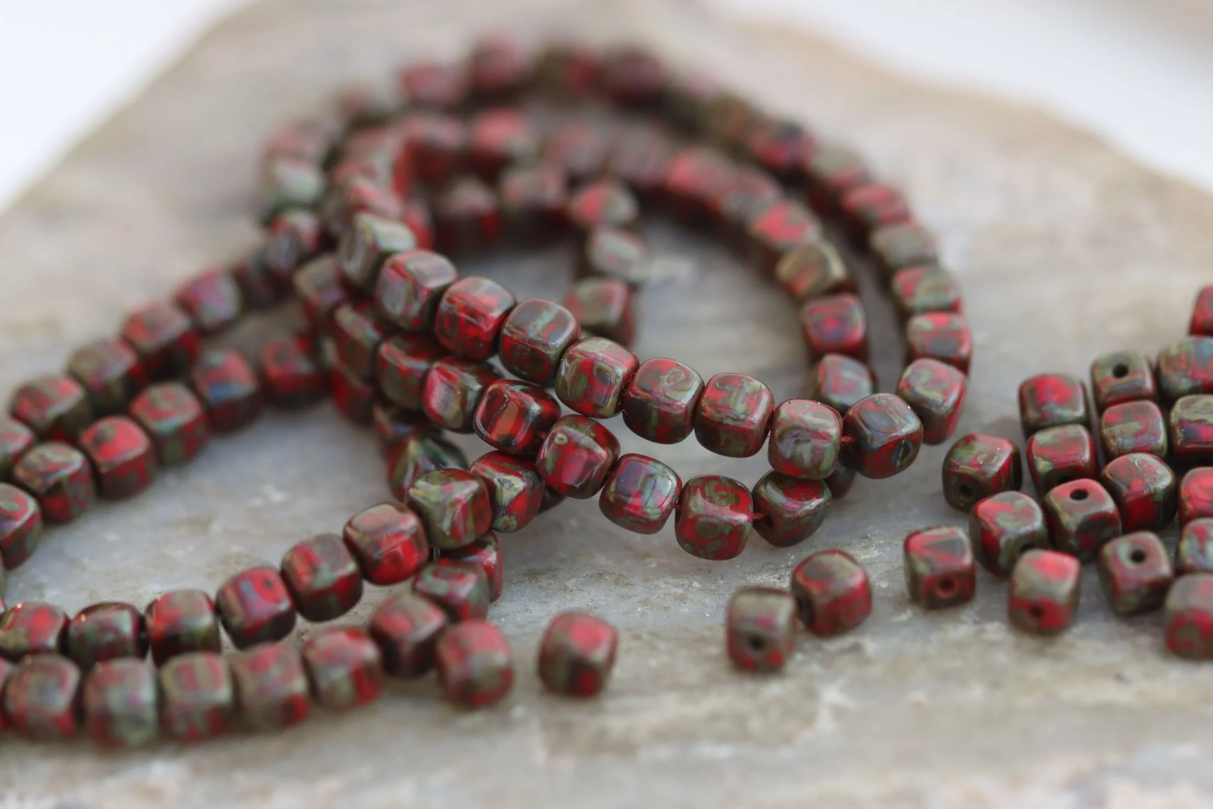 Red Picasso Cube Czech Glass Beads 3.7mm