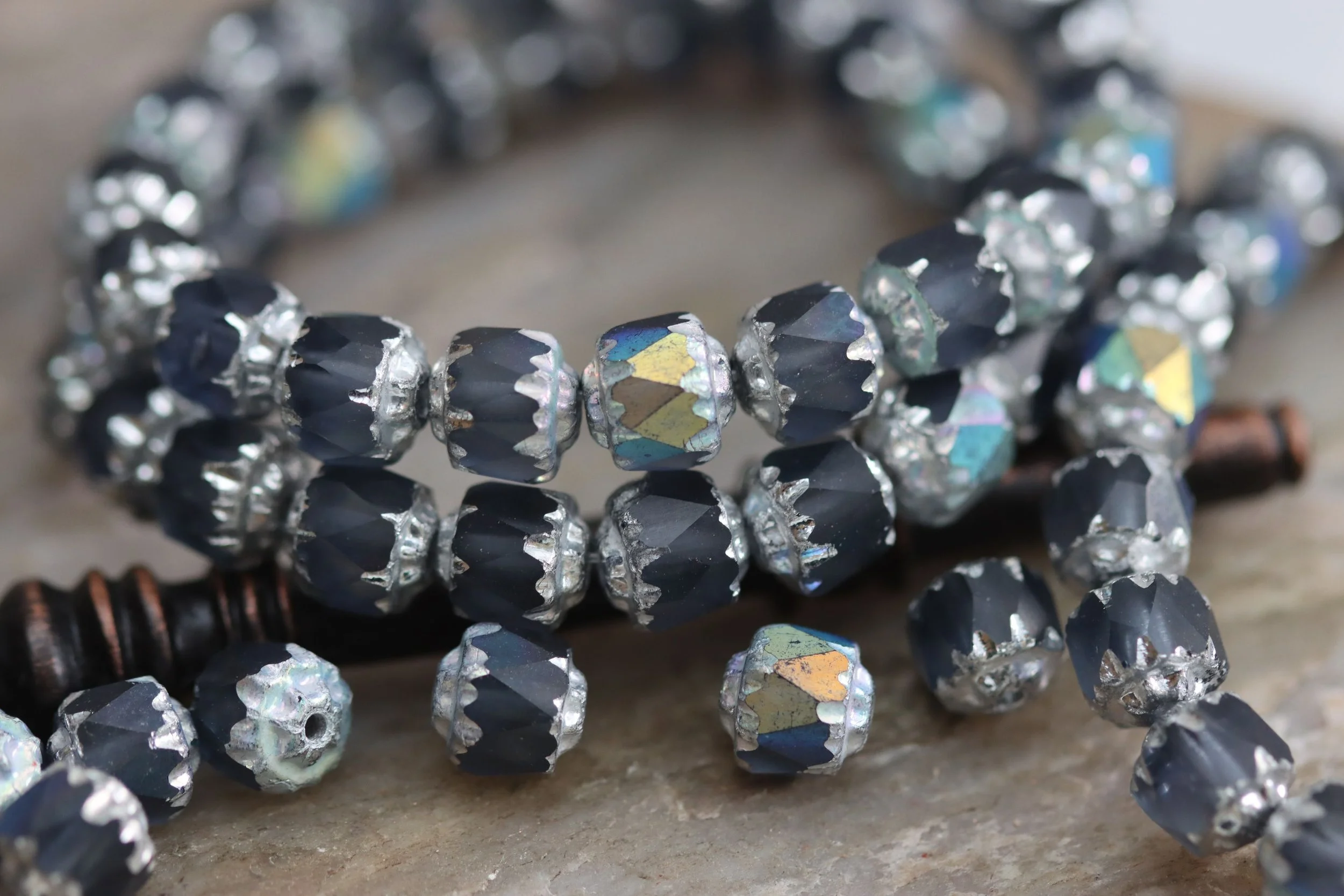 Satin Montana Blue AB Cathedral Czech Glass Beads 6mm