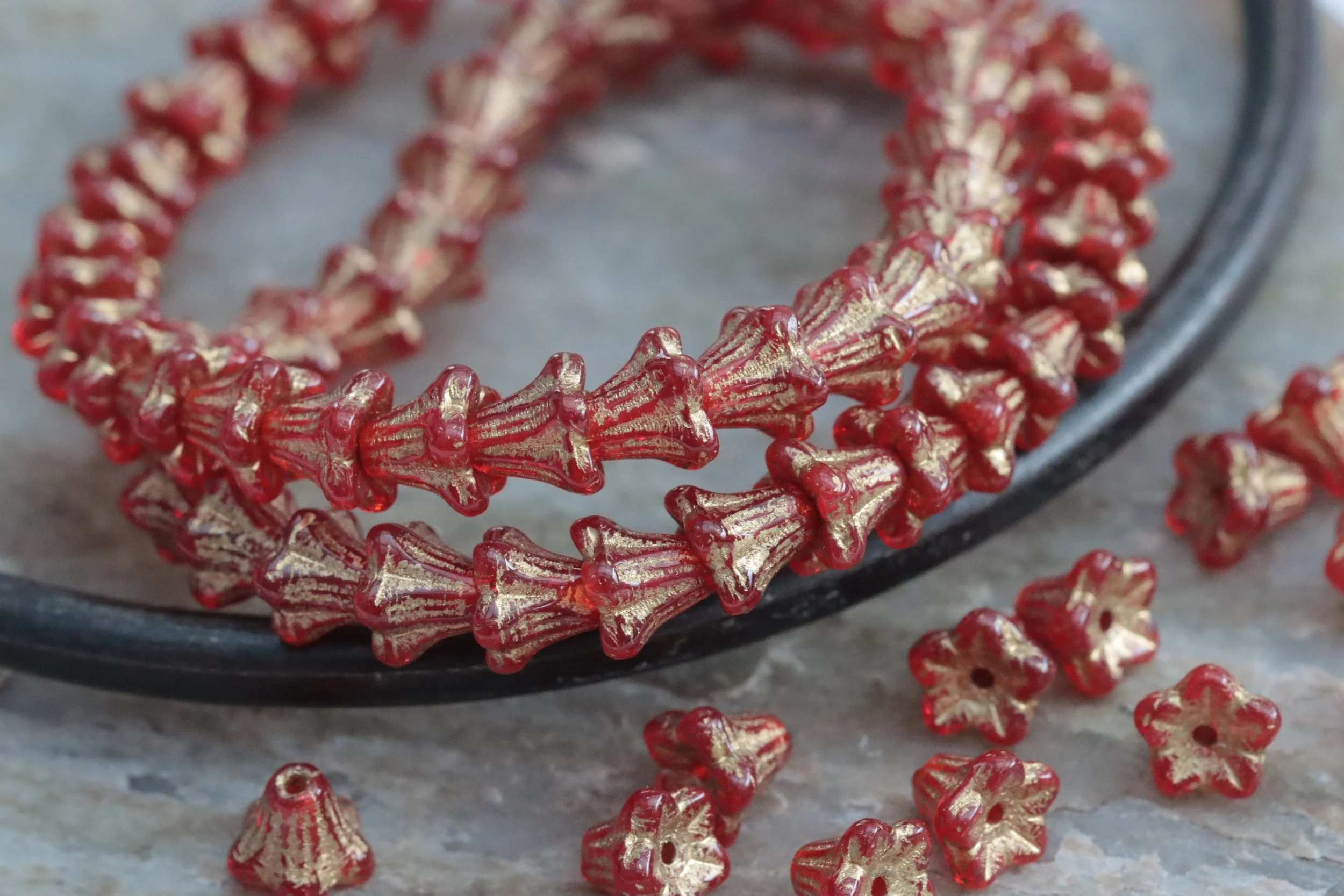 Ruby Red with Gold Wash Czech Glass Bell Flower Beads 5x6mm