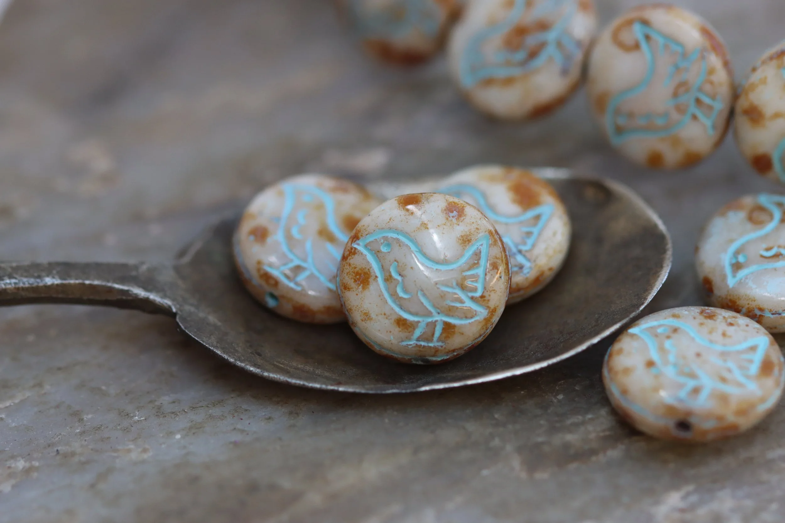 Beige Picasso Sky Blue Czech Glass Bird Coin Beads 11mm, 6 or 10 Beads