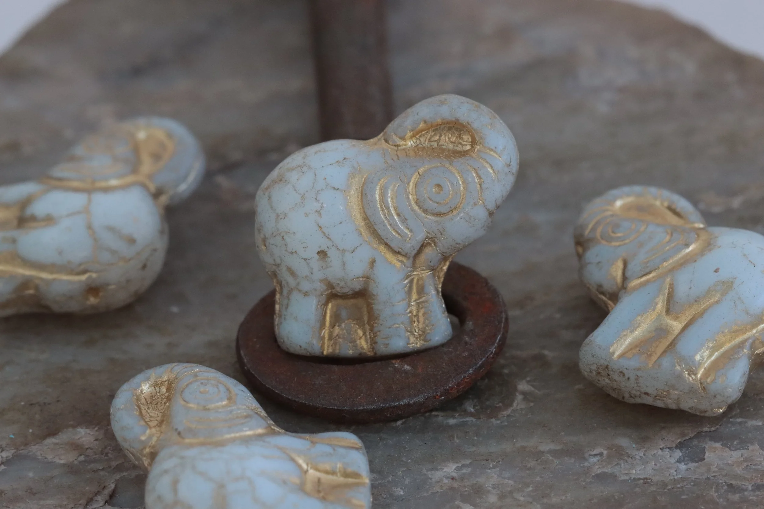 White with Gold Wash Czech Glass Elephant Beads  20x22mm, Side-Drilled, 2 Beads