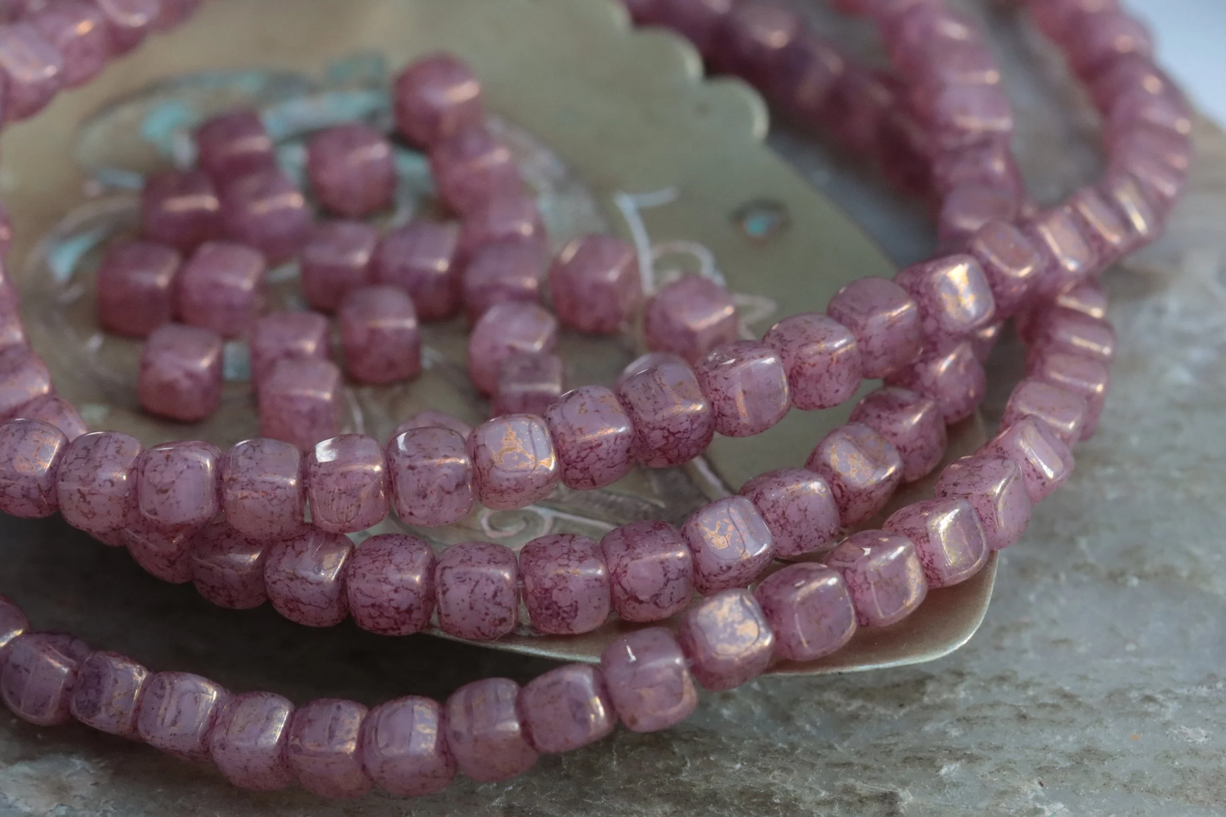 Mauve Rose with Bronze Lustre Czech Glass Cube Beads 4mm