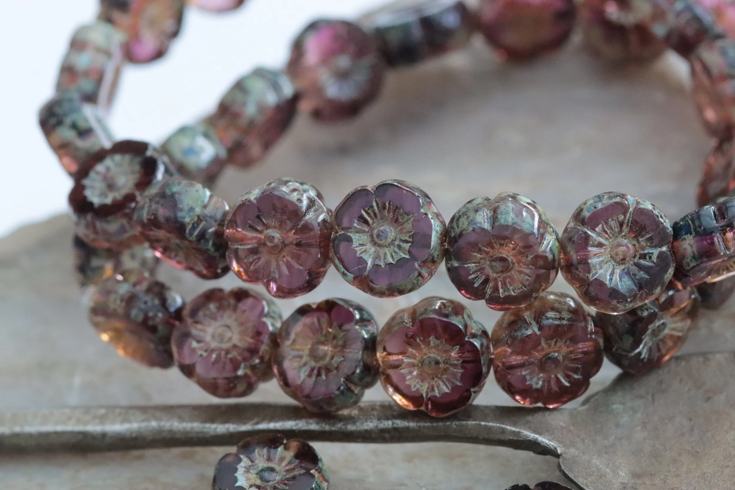 Amethyst Blend Picasso Czech Glass Hawaiian Flower Beads 9mm