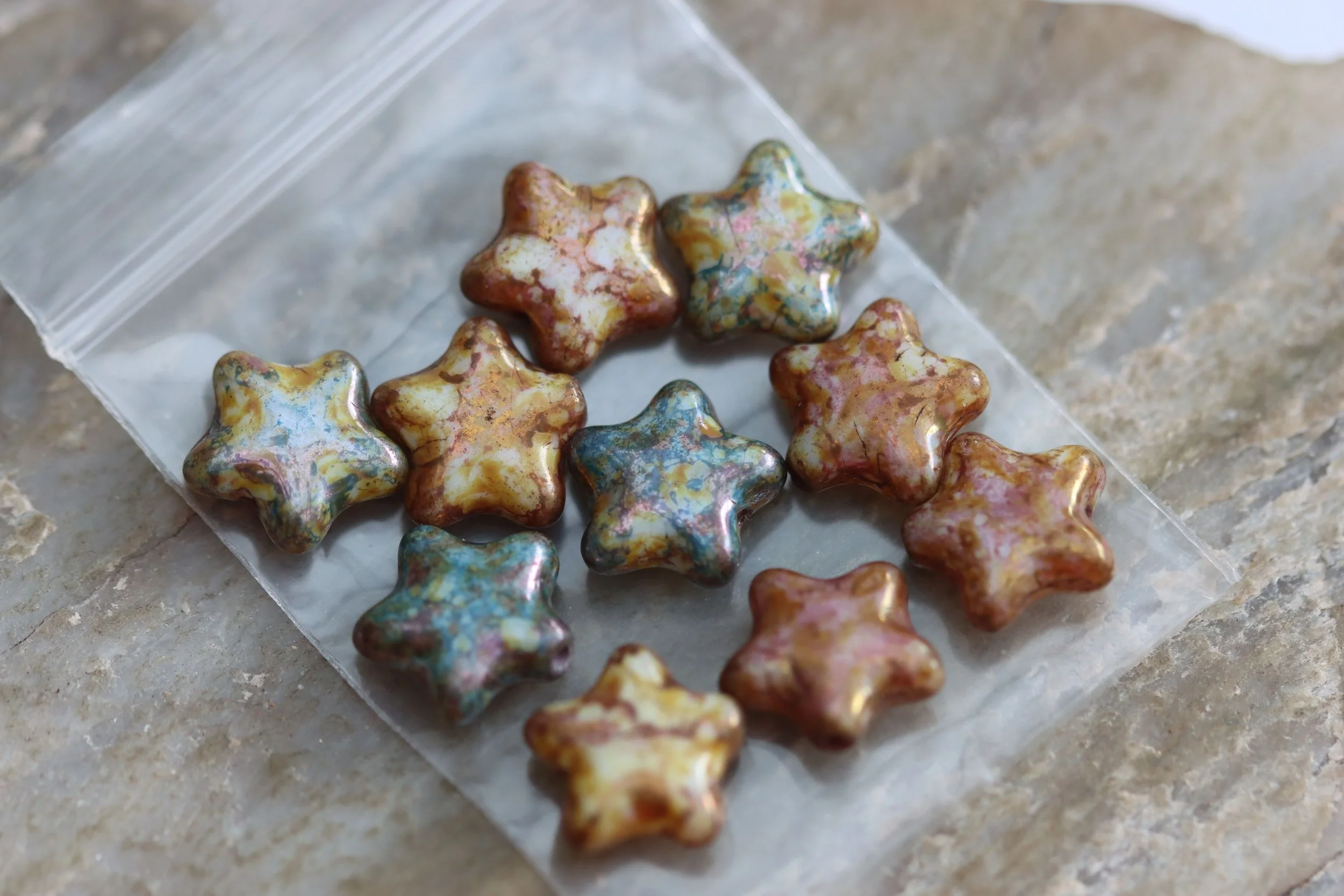 Antique Marble Czech Glass Star Beads Mix 12mm