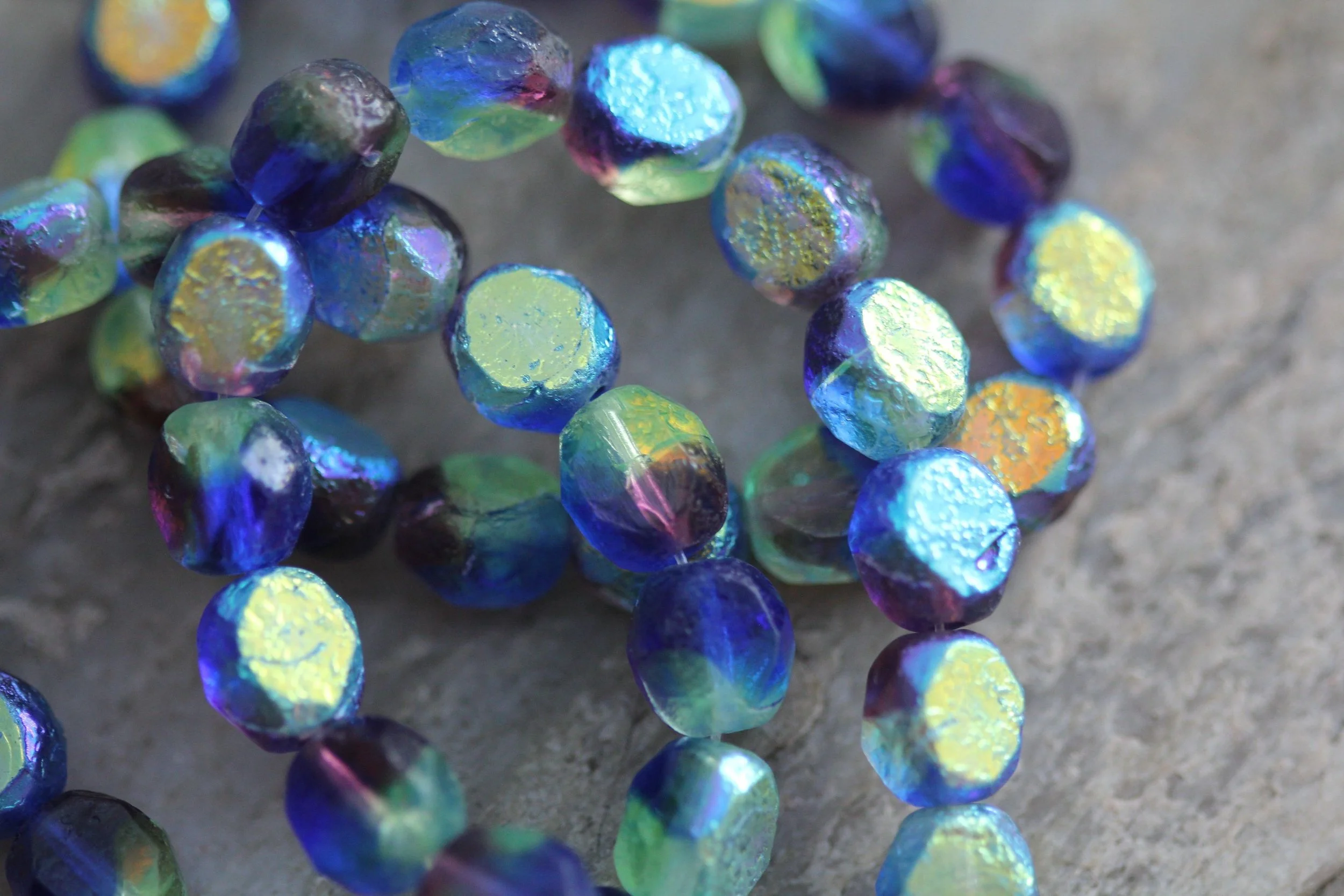 Etched Sapphire with Metallic Finish Table Cut Round Czech Glass Beads 8mm