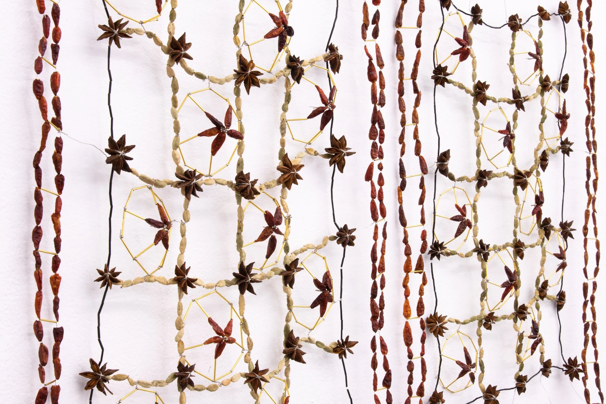 Drawing the curtains (detail) , 2020, Terracotta, star anise, cardamom, dried chillies, glass beads, wire, brass. 100cm x 120 cm. Photo: Felipe Olivares