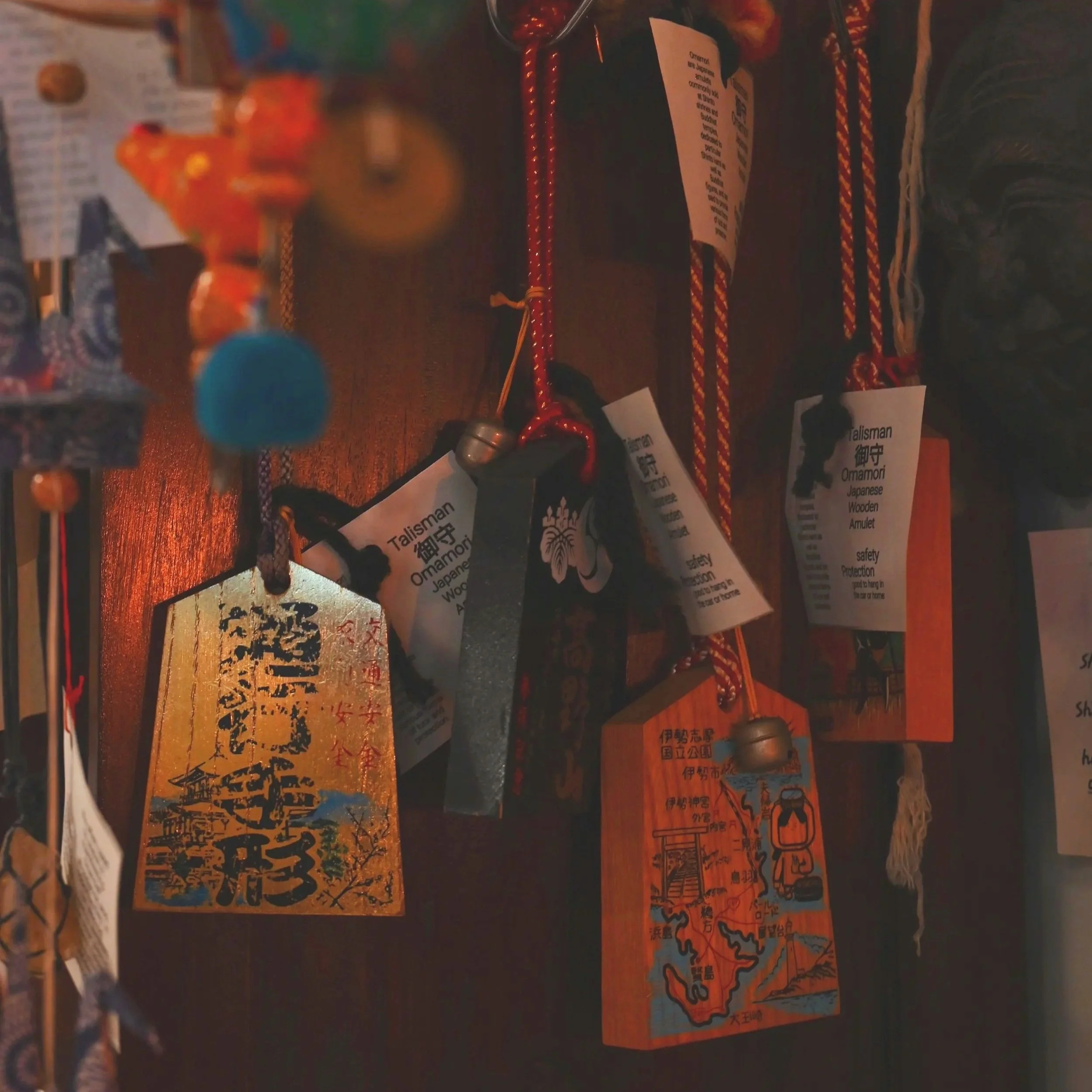 Japanese omamori charms and small ritual objects