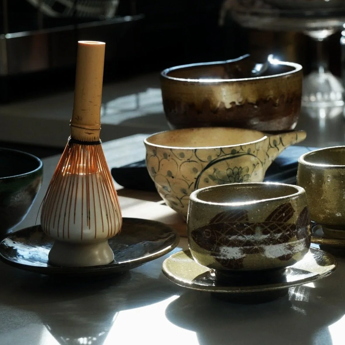Matcha bowls, whisk and tea accessories at Japanese Flea Market