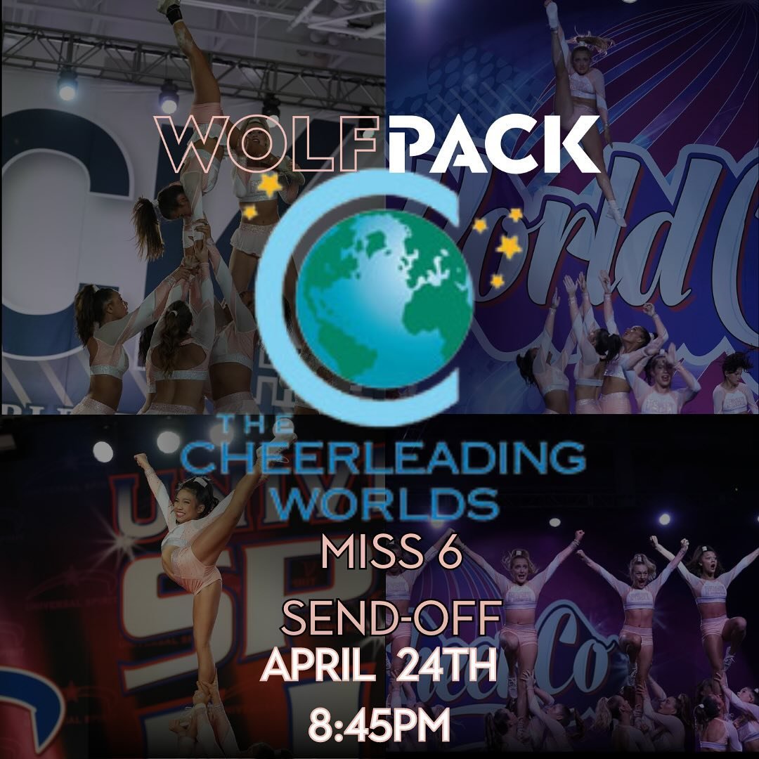 🚨WORLDS SENDOFF🚨
&bull;Come cheer on &amp; send off Packs first ever Worlds team this Wednesday night at 8:45! 
#allstarcheer #allaboutthepack #Miss6 #worlds