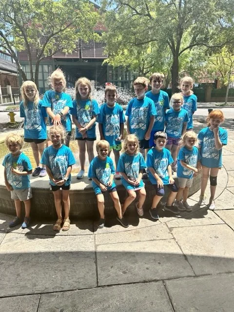 Group of children wearing matching blue T-shirts gathered outdoors on a concrete and stone platform, with trees and a playground structure in the background.