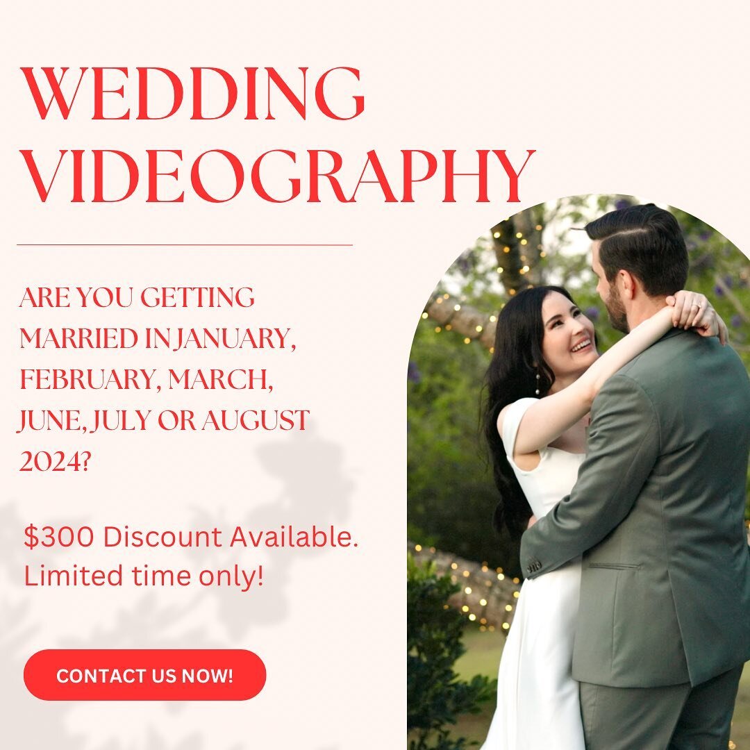 Are you looking for a videographer for your 2024 wedding? $300 discount now available for dates in January, February, March, June, July and August! 
Limited time only so reach out now! 🔥
