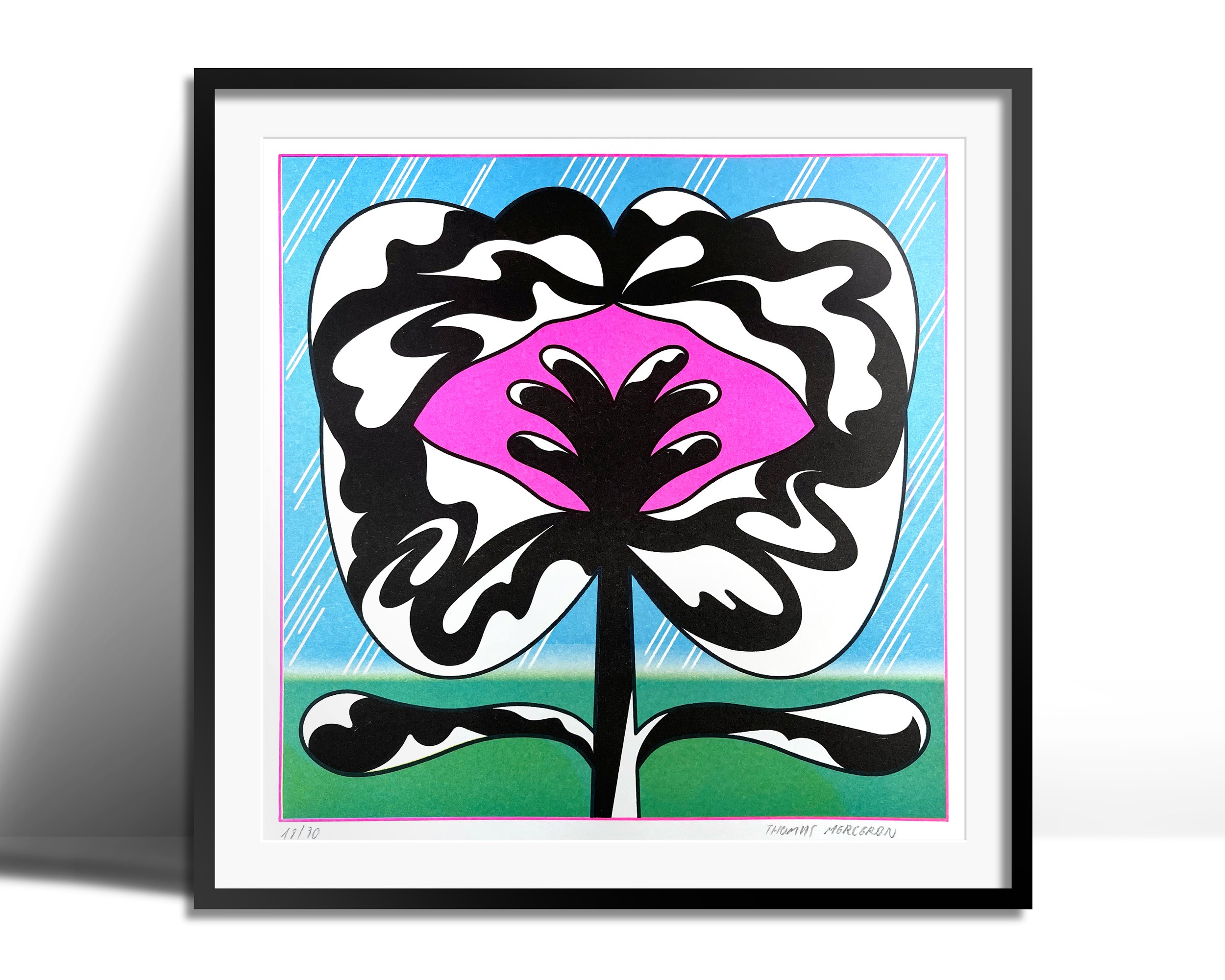 Risographie A3 encadrée de fleur, mauvais oeil, paysage tropicale sous la pluie, champignon exotique.