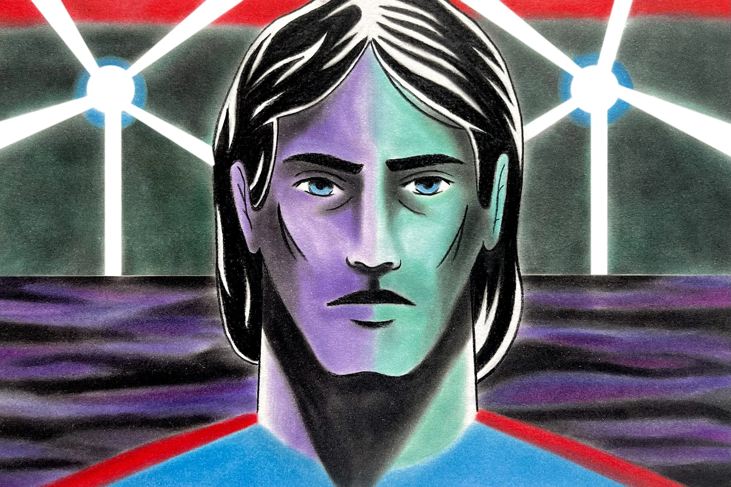 Dessin de Thomas Merceron - Portrait sur un port - technique pastel et fusain