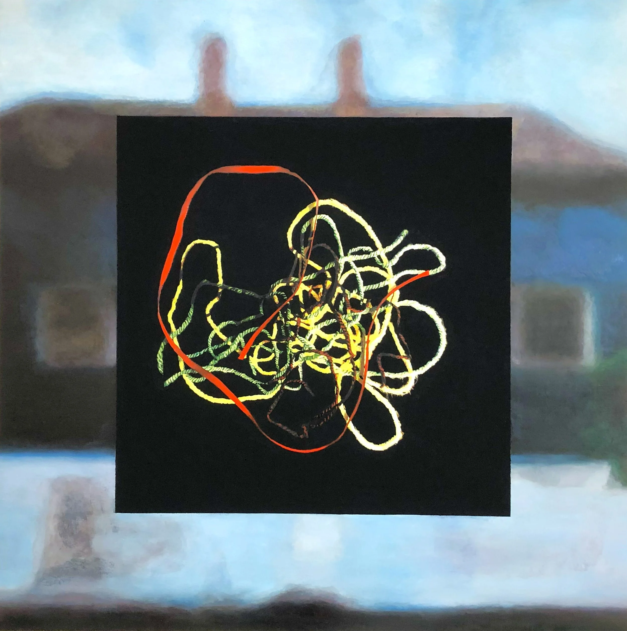 "In Auflösung", 96 x 96 cm, Öl, Mineralfarbe auf Holz, 2024