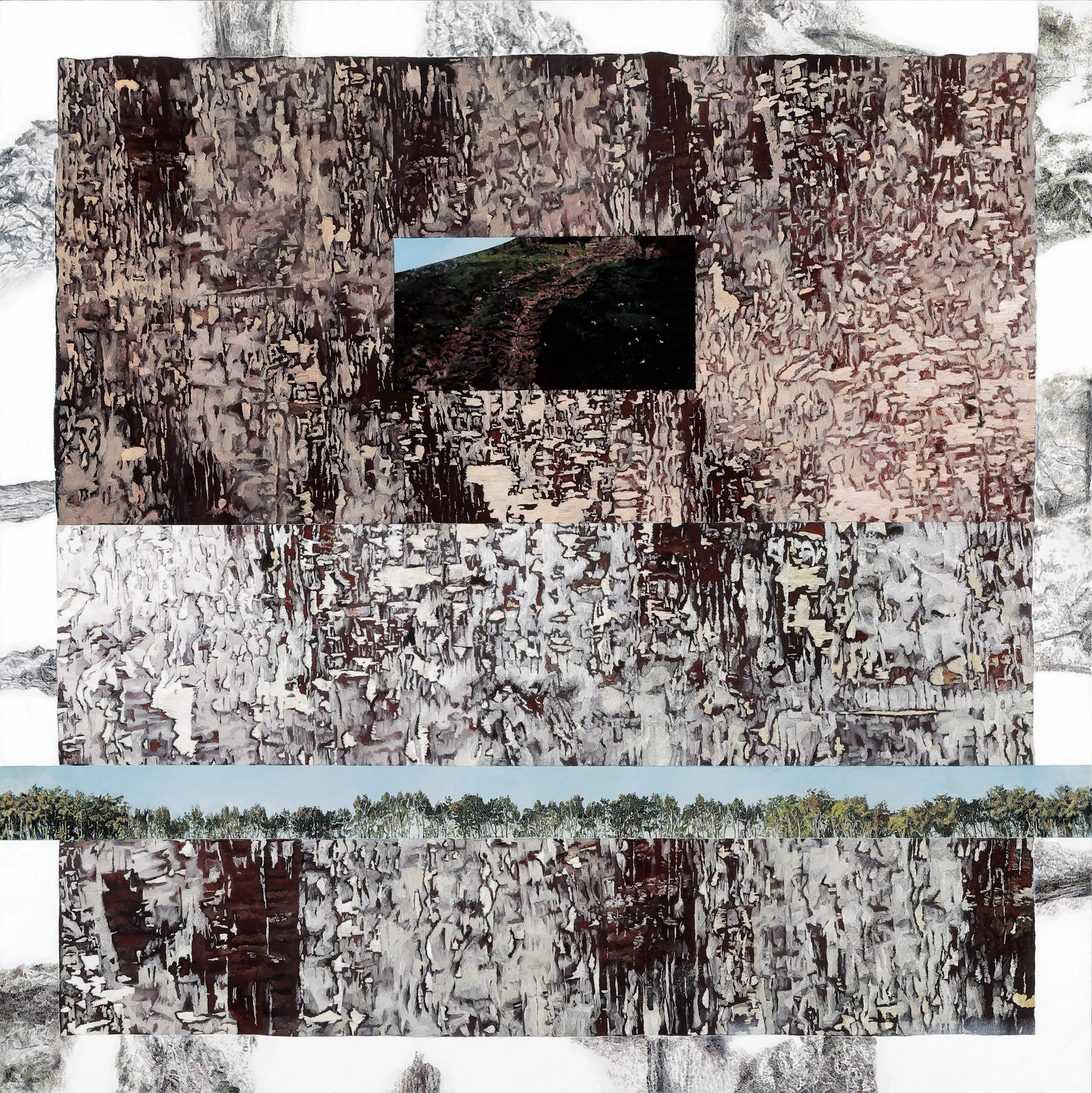 "Über Landschaft", 100 x 100 cm, Öl auf Holz, 2023