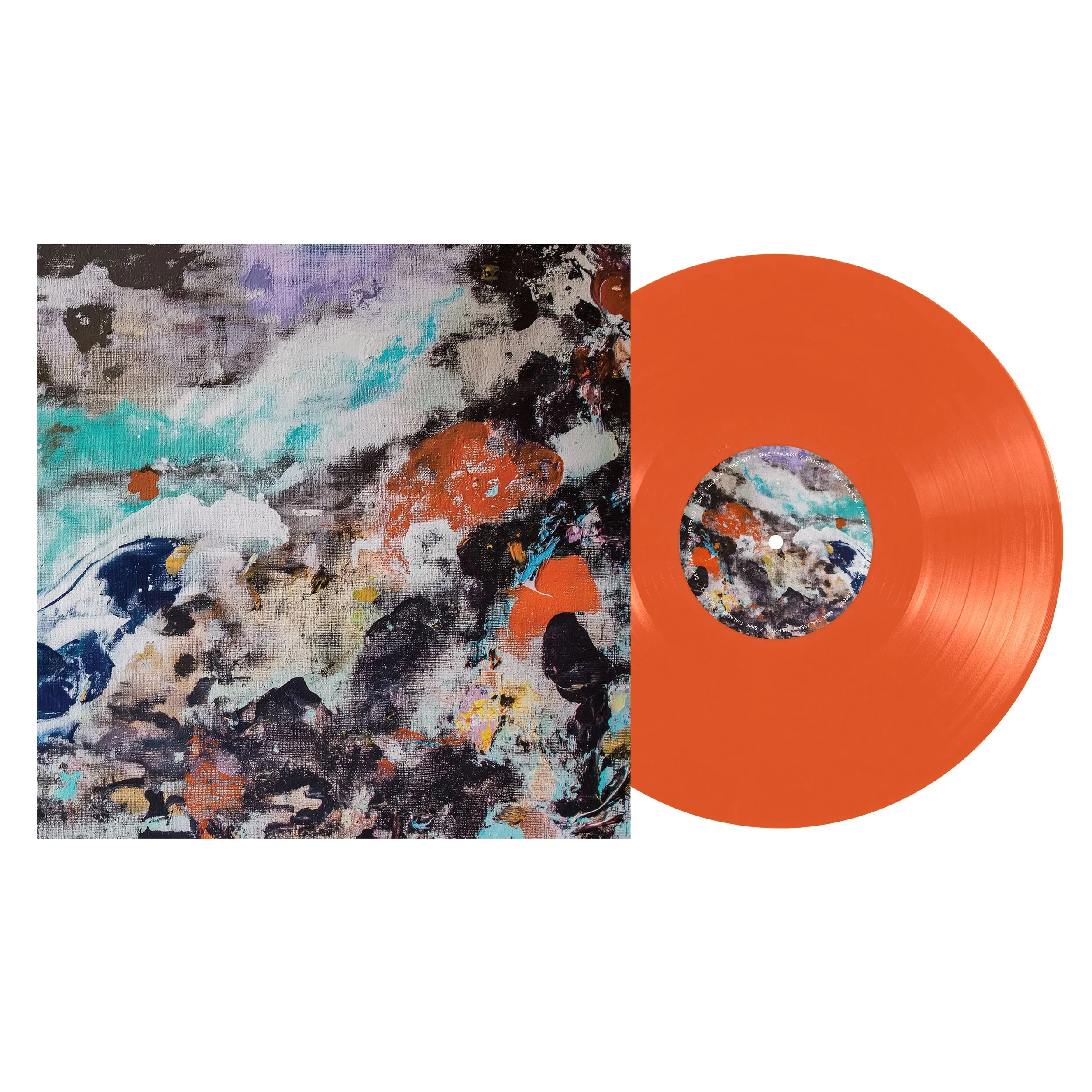 Abstract multicolored pattern on album cover with orange vinyl record.