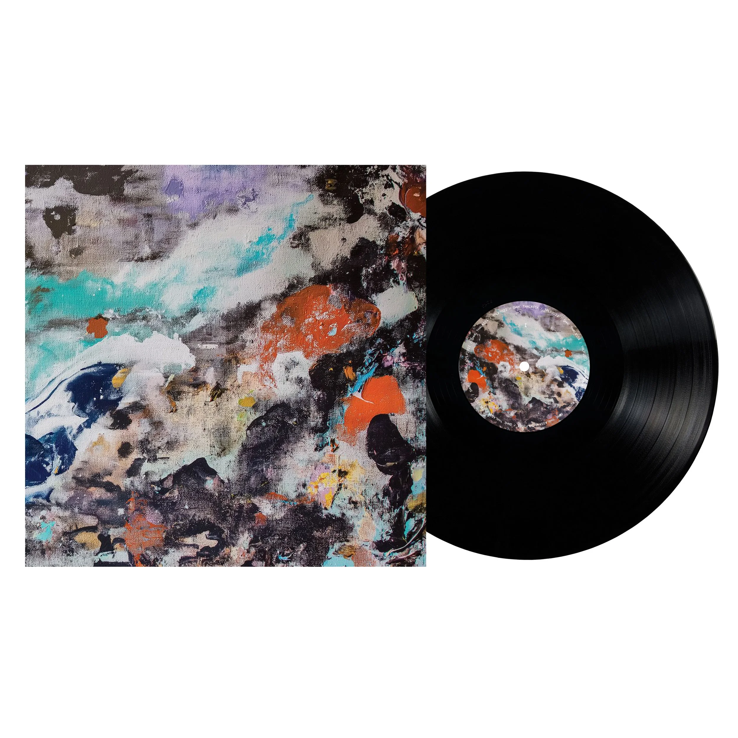 Abstract painted album cover with splashes of white, black, purple, teal, orange, and yellow, alongside a black vinyl record with a matching abstract design on its label.