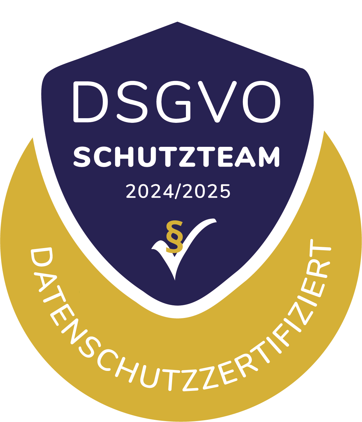 Abzeichen des DSGVO-Schutzteams für die Jahre 2024/2025, mit der Nummer 1, einem Gesetzessymbol und der Aufschrift 'Datenschutzzertifikat'.