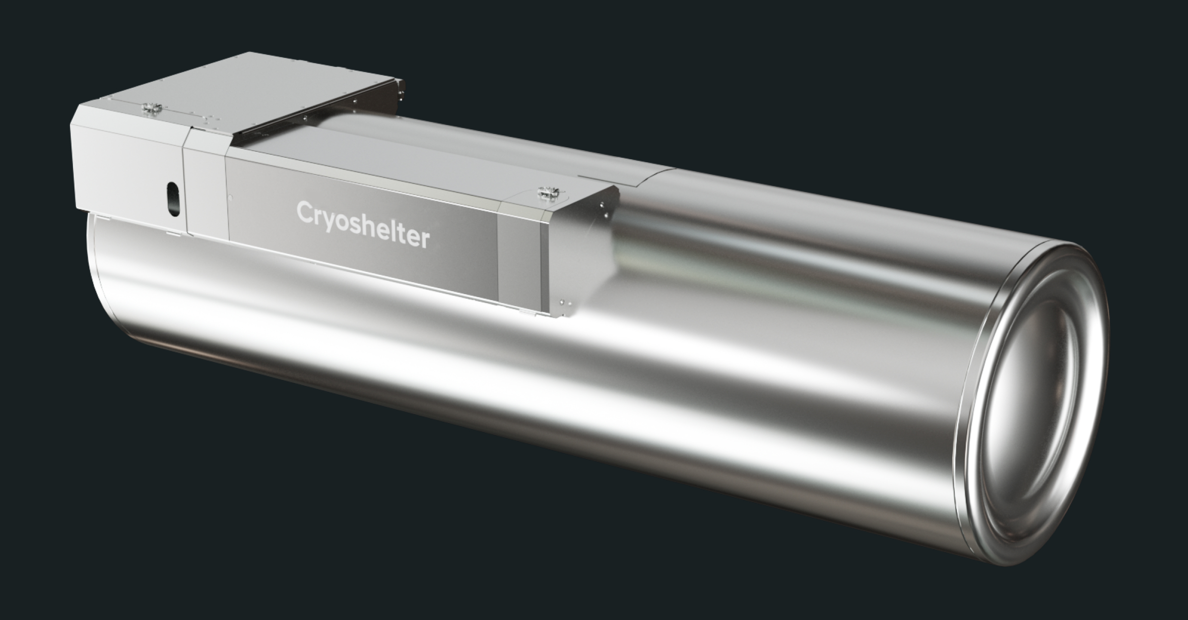 Ein metallischer Kryoschrank, genannt Cryoshelter, gegen den dunklen Hintergrund, bestehend aus einem langen, runden Rohr mit einem rechteckigen Kasten auf der Oberseite.
