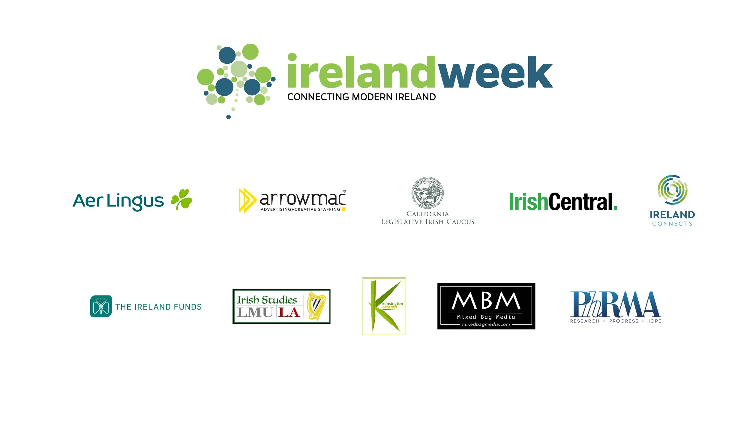 Logo collage for Ireland Week with various sponsor logos, including Aer Lingus, Arrowmac, California Legislative Irish Caucus, Irish Central, Ireland Connects, The Ireland Funds, Irish Studies LMU LA, Kensington Caterers, MCM, and Pharma.