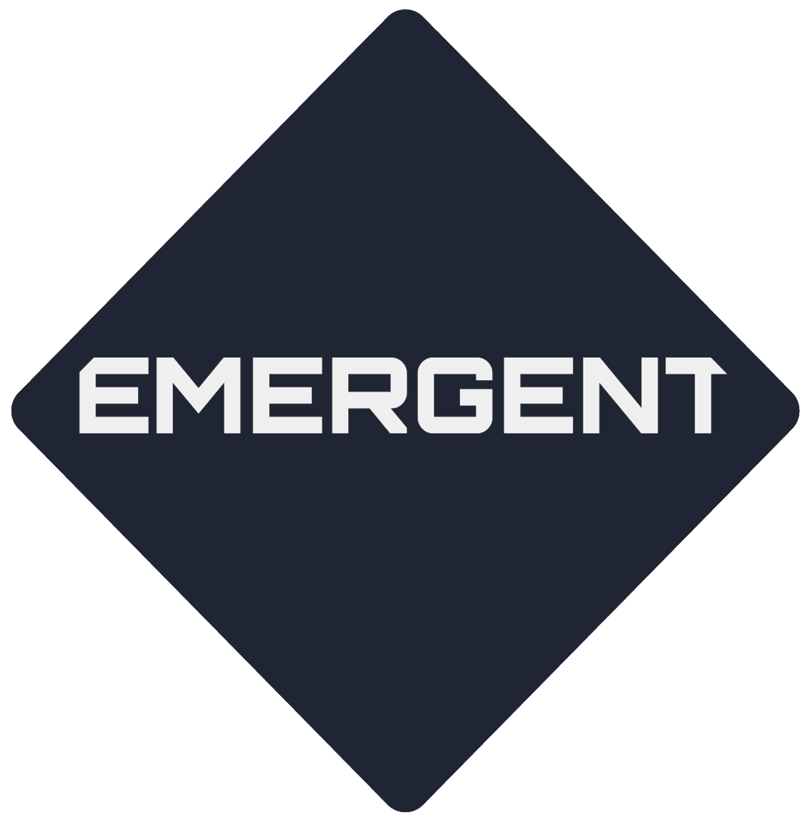 Emergent logo with a stylized, pixelated computer chip design in blue, red, and green colors on a black diamond-shaped background.