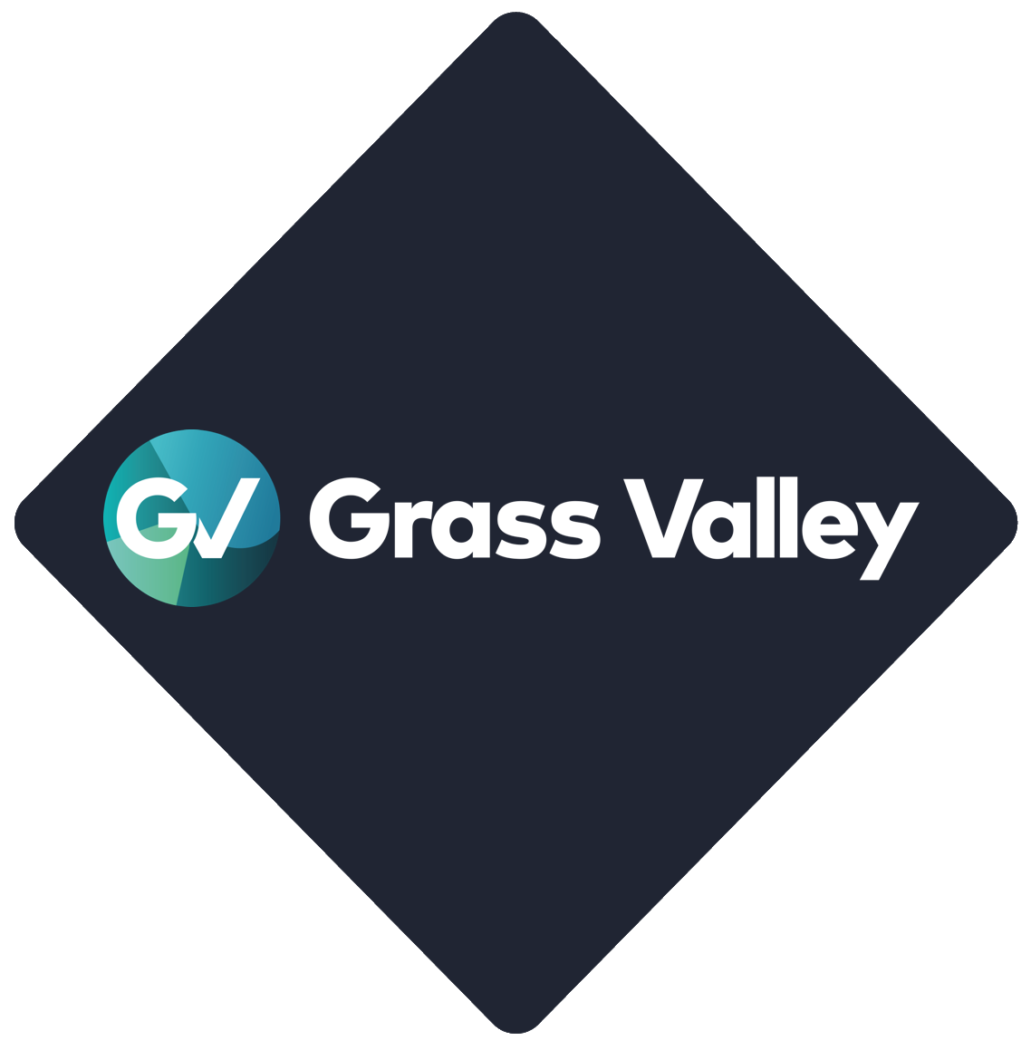 Grass Valley logo featuring a circular icon with 'GV' initials and the company name in white text on a dark diamond-shaped background.
