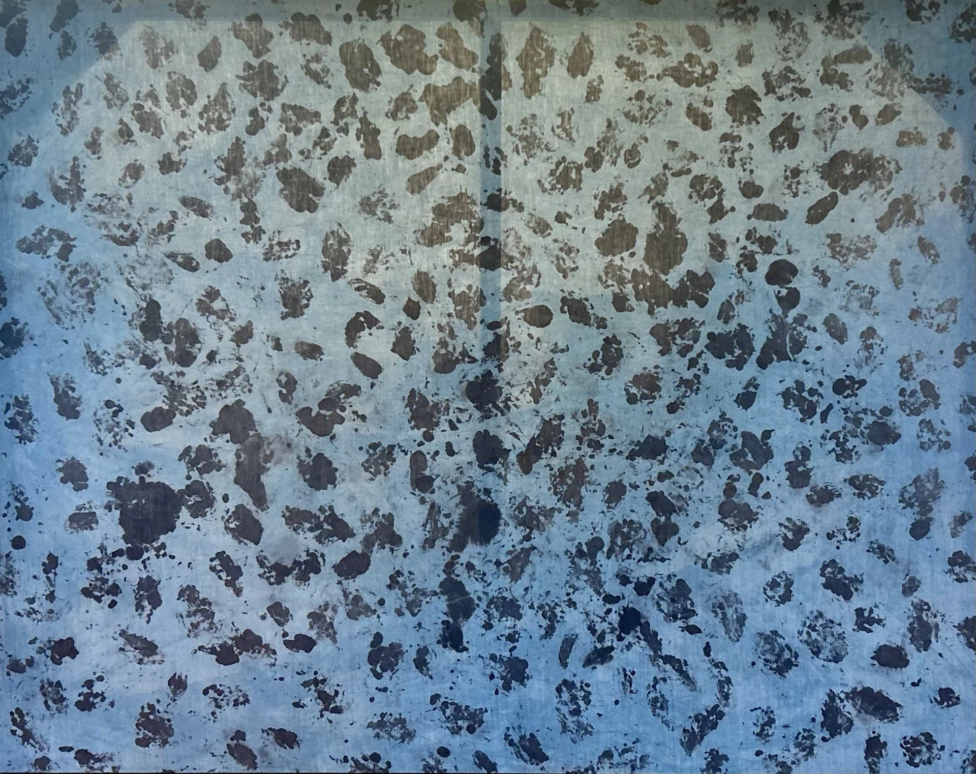 Ostréicole
215 x 169 cm • pièce unique • empreintes d’huîtres • teinture 
végétale noix de galle et indigo • coton