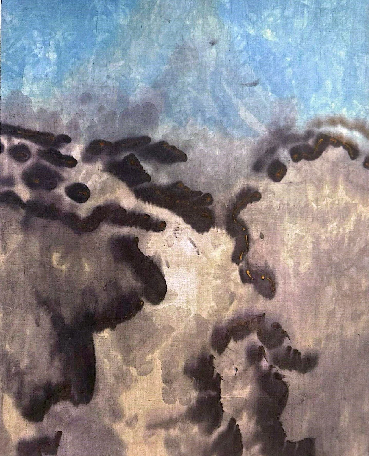 Saint-Brice
50 x 62 cm • pièce unique • oxydation au fil de fer et teinture végétale vergerette-du-Canada, indigo • coton