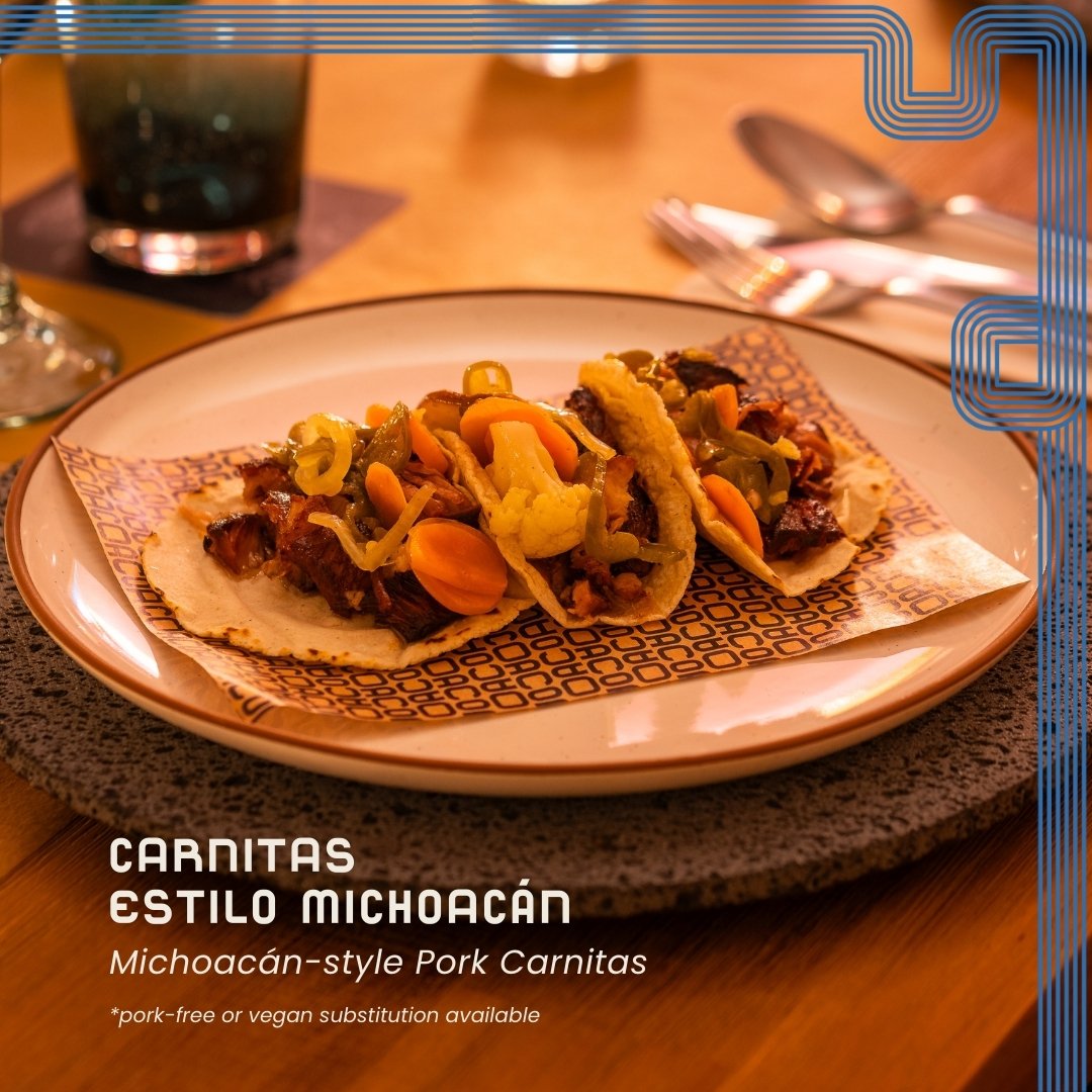 Carnitas are probably the dish most commonly associated with Michoac&aacute;n, and we serve them with homemade escabeche or Mexican pickled spiced jalape&ntilde;os. We also have vegetarian and pork-free alternatives!