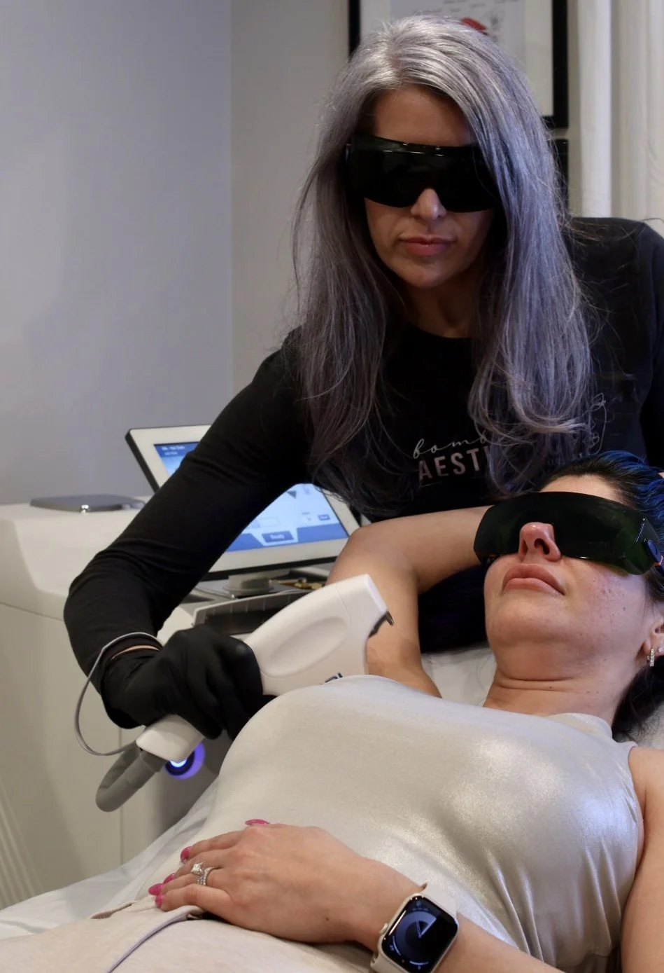 Laser hair removal treatment being performed at Bombshell Aesthetics in Bedford, NH, using Sciton BBL laser.