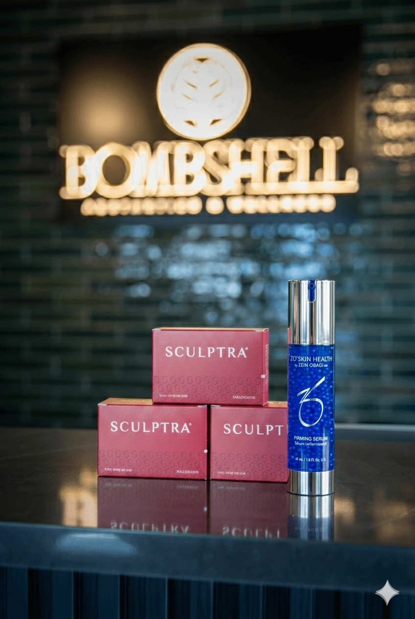 Three red Sculptra boxes stacked on a glossy black counter with the Bombshell Aesthetics & Wellness illuminated logo softly blurred in the background, creating a luxury medical spa setting.