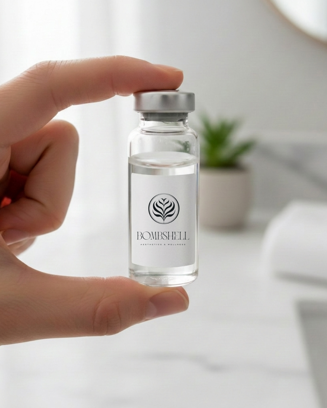 Hand holding a vial labeled Bombshell Aesthetics & Wellness, representing medical weight loss treatments  services in Bedford, NH.