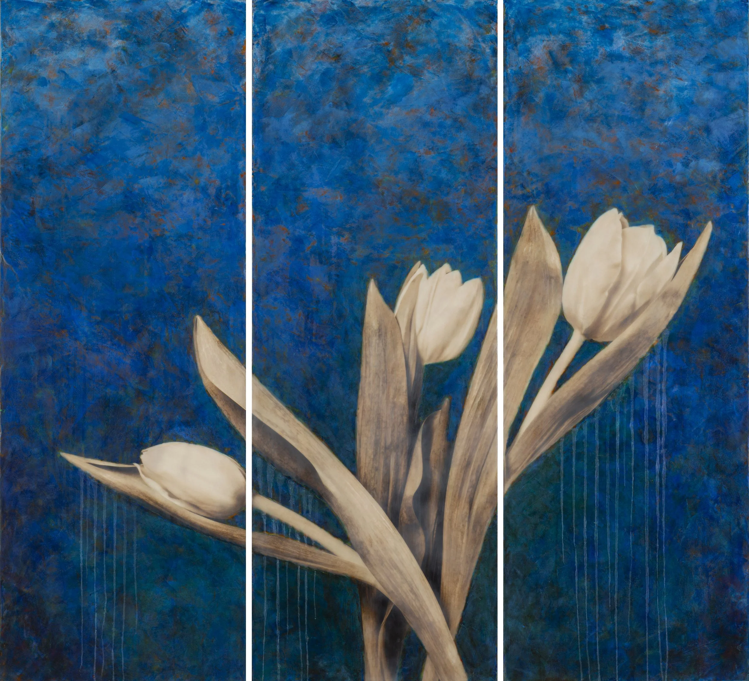 In Autumns Warmth, Serenely Swooning 
50" x 56" triptych Photo Encaustic on wood panels   Commissioned Piece