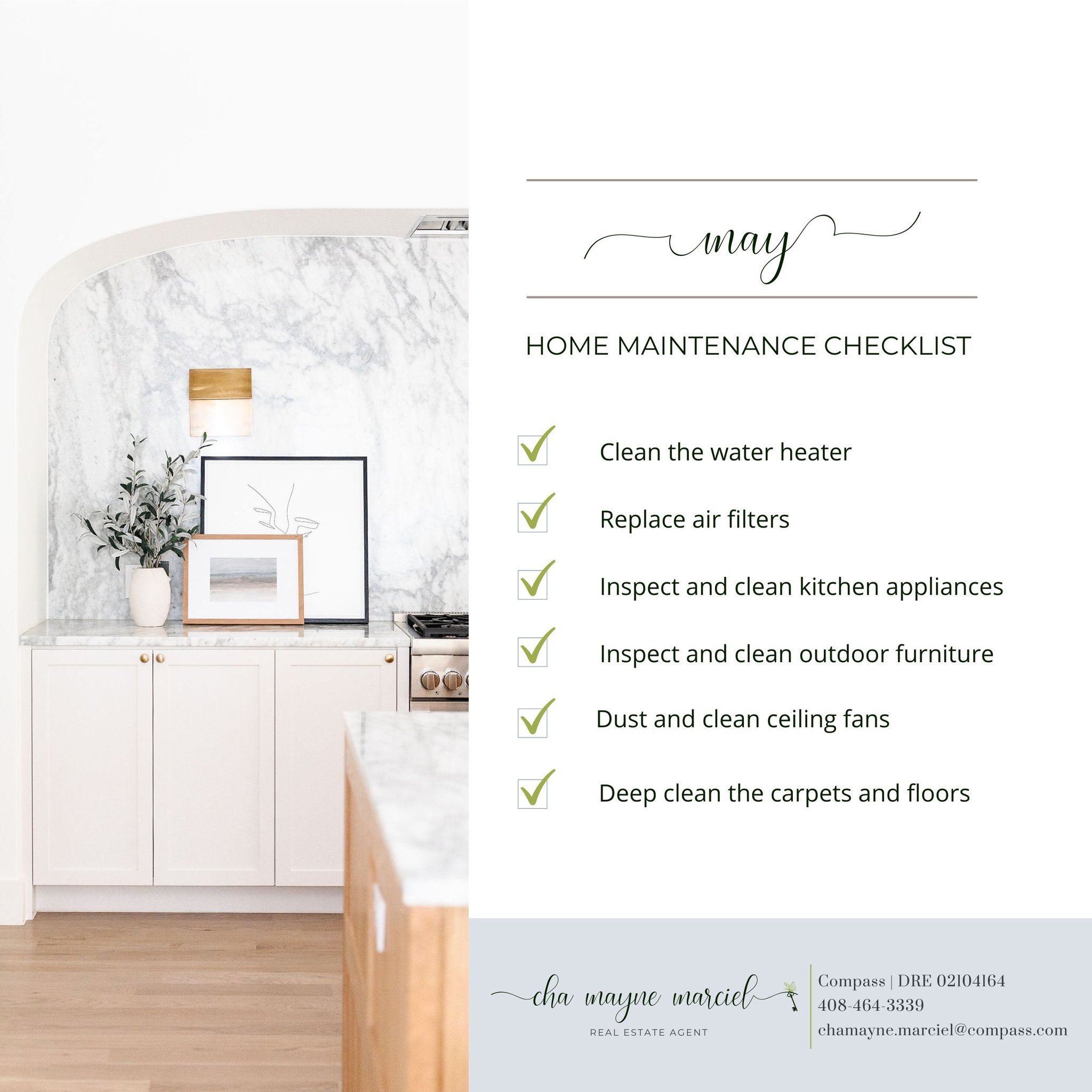Time for your May Home Maintenance Checklist! If you&rsquo;ve been considering putting your home on the market, it's important to keep it looking and running it's best - so that it's ready to go when it's time to list. Regular home maintenance can he