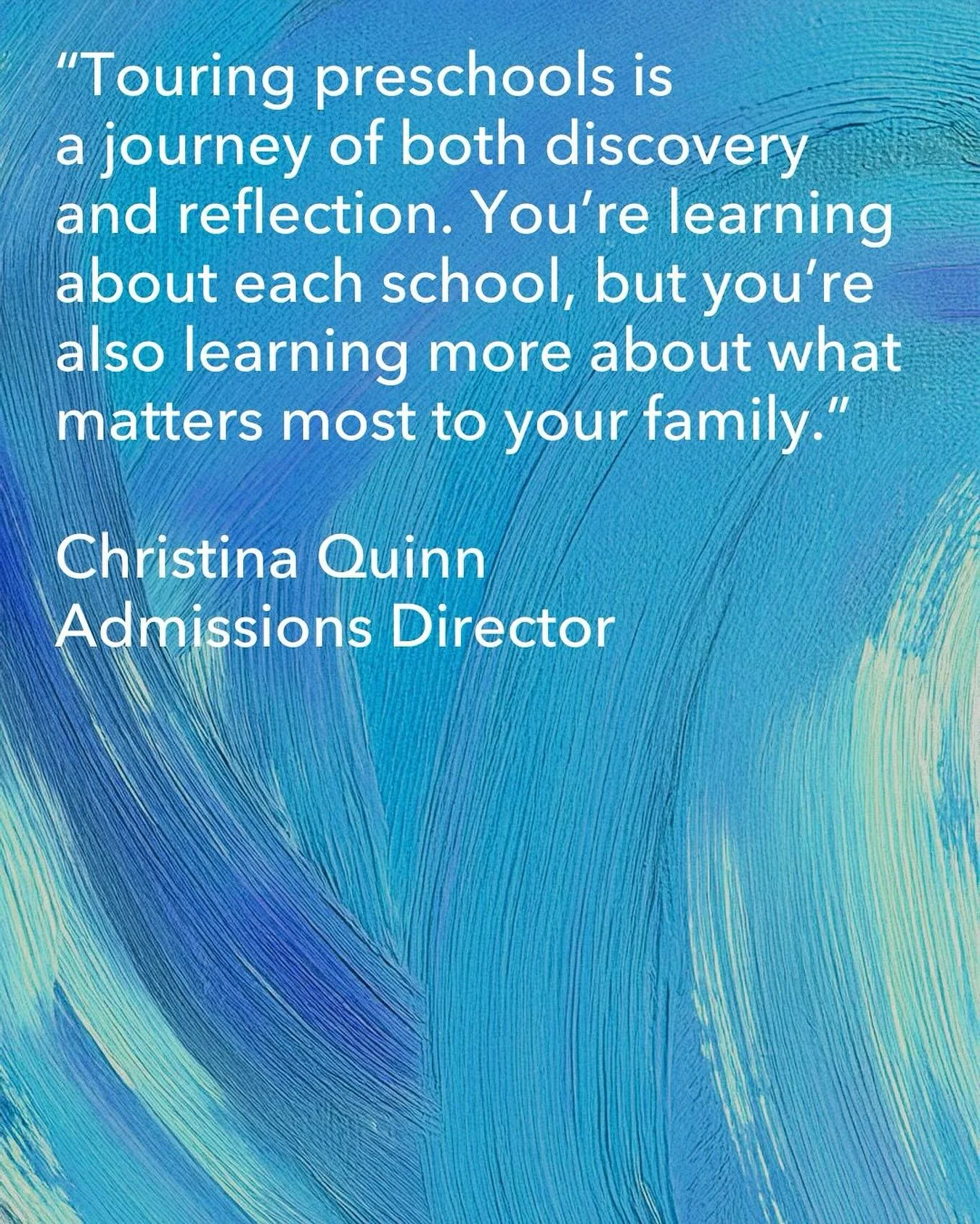 Touring preschools is not just about finding the right school. It&rsquo;s about discovering what matters most to your family. 

In our latest blog post, our Admissions Director, Christina Quinn, shares her &ldquo;Top 5 Things to Look For When Visitin