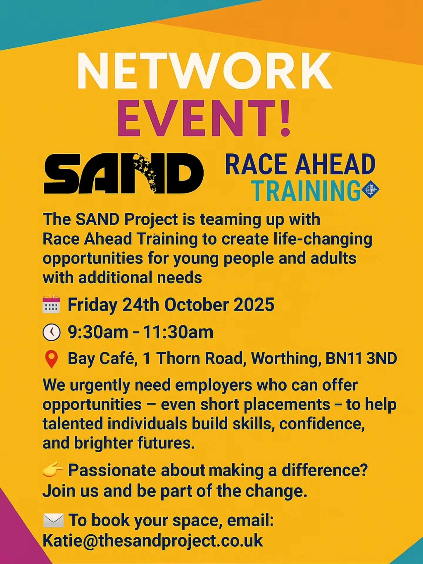 You&rsquo;re invited! 💙

The SAND Project is teaming up with @RaceAheadTraining to create life-changing opportunities for young people and adults with additional needs.

📅 Friday 24th October 2025
🕤 9:30am &ndash; 11:30am
📍 Bay Caf&eacute;, 1 Tho