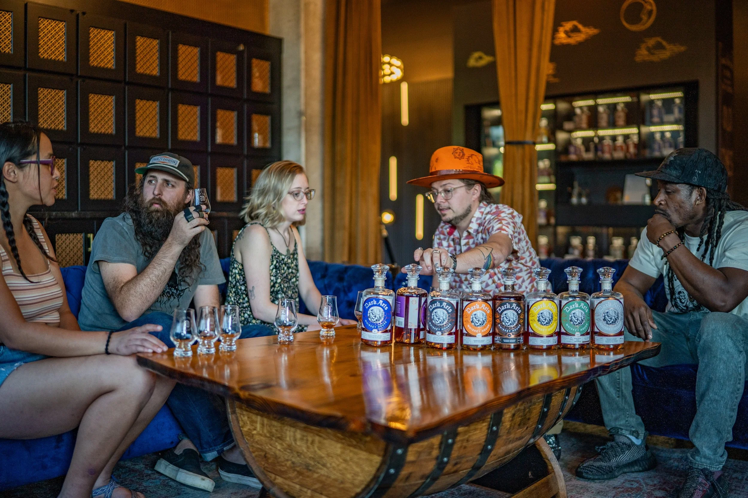 Guests participating in a Dark Arts Whiskey House barrel pick tasting experience in Lexington, Kentucky.